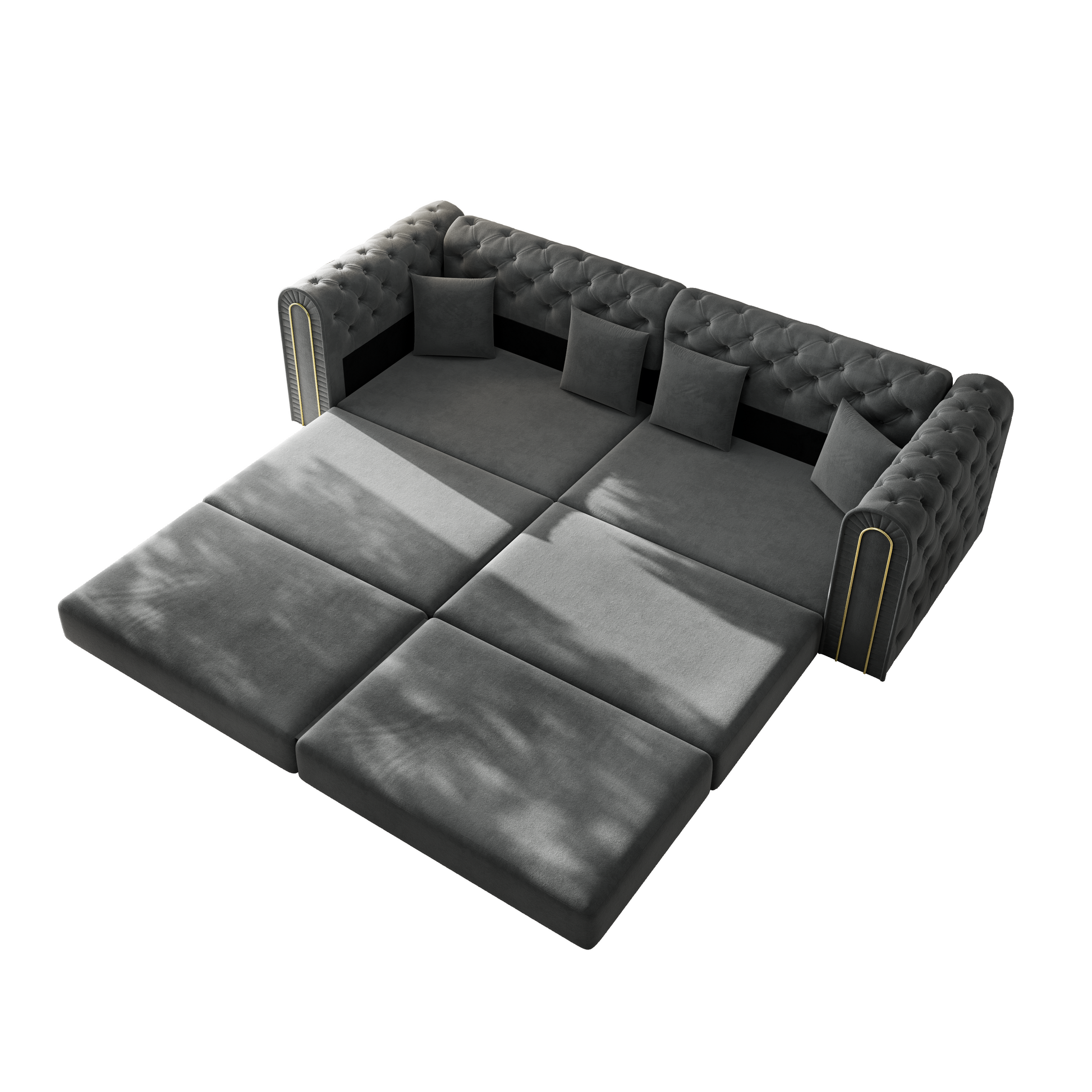 Lowell grey modular 3-in-1 convertible sleeper sofa bed converted into sleeper mode isolated on white background