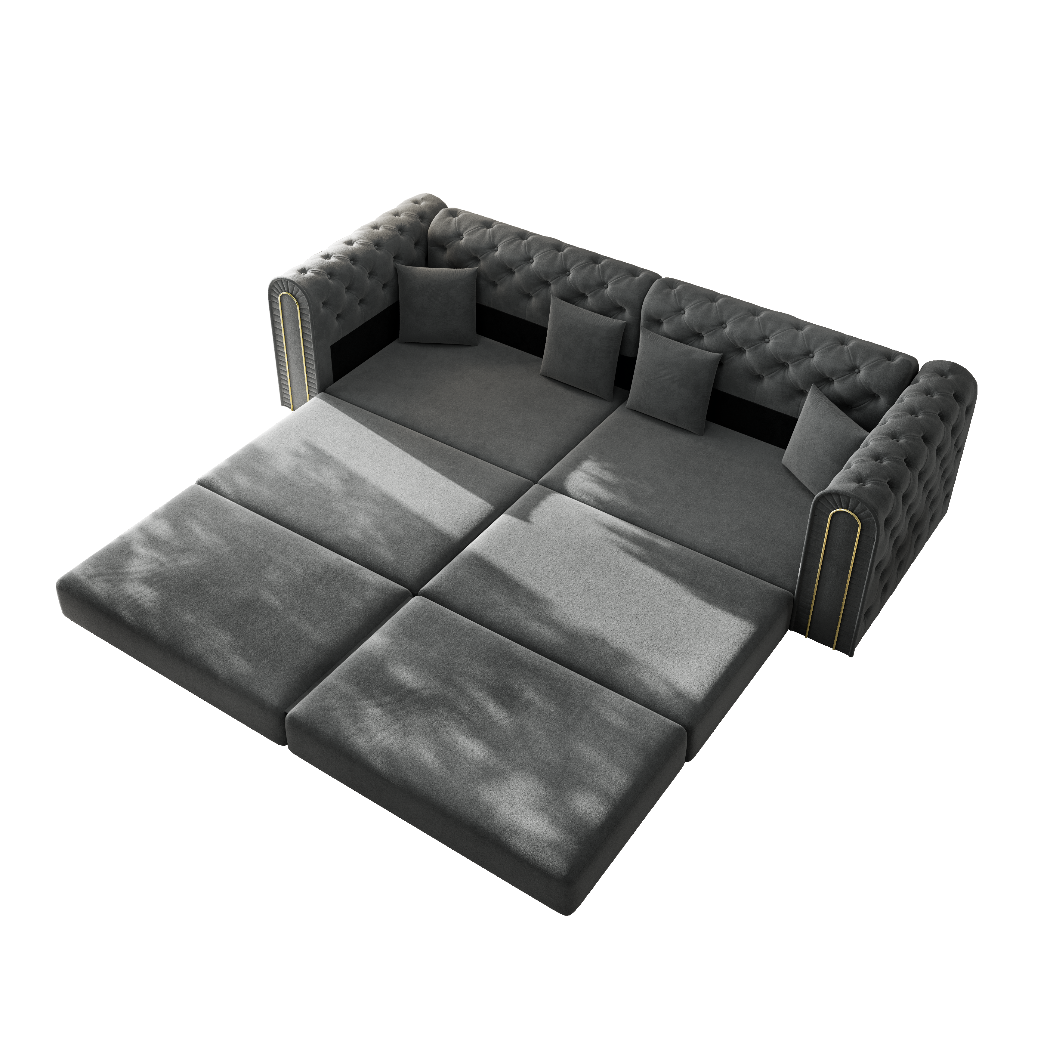 Lowell grey modular 3-in-1 convertible sleeper sofa bed converted into sleeper mode isolated on white background