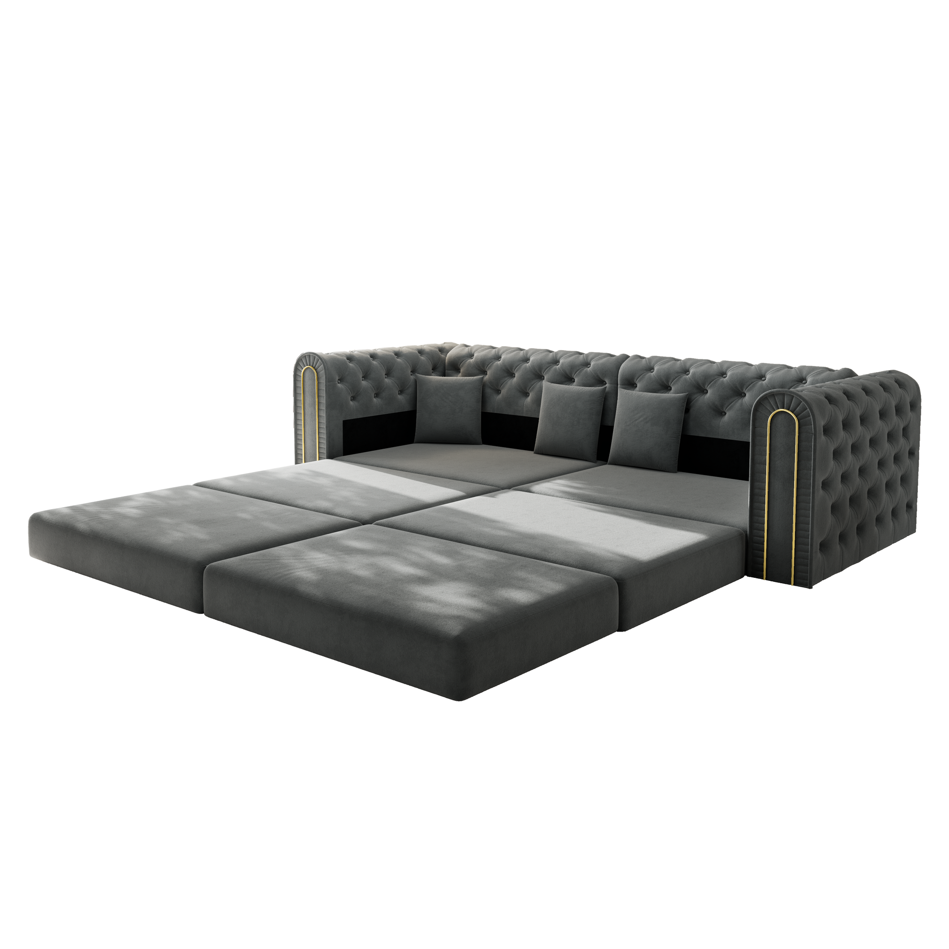 Lowell grey modular 3-in-1 convertible sleeper sofa bed showing angled sleeper configuration isolated on white background