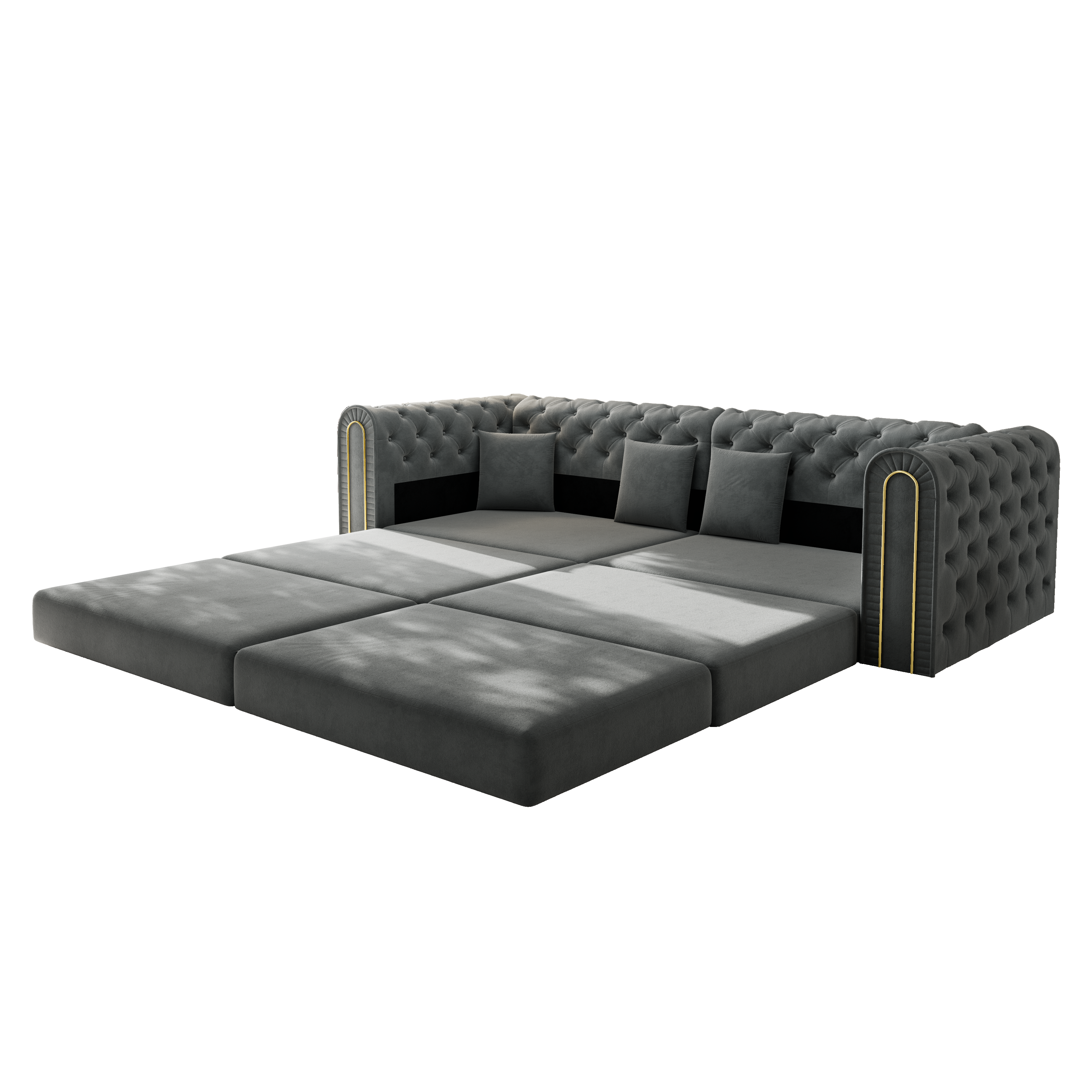 Lowell grey modular 3-in-1 convertible sleeper sofa bed showing angled sleeper configuration isolated on white background