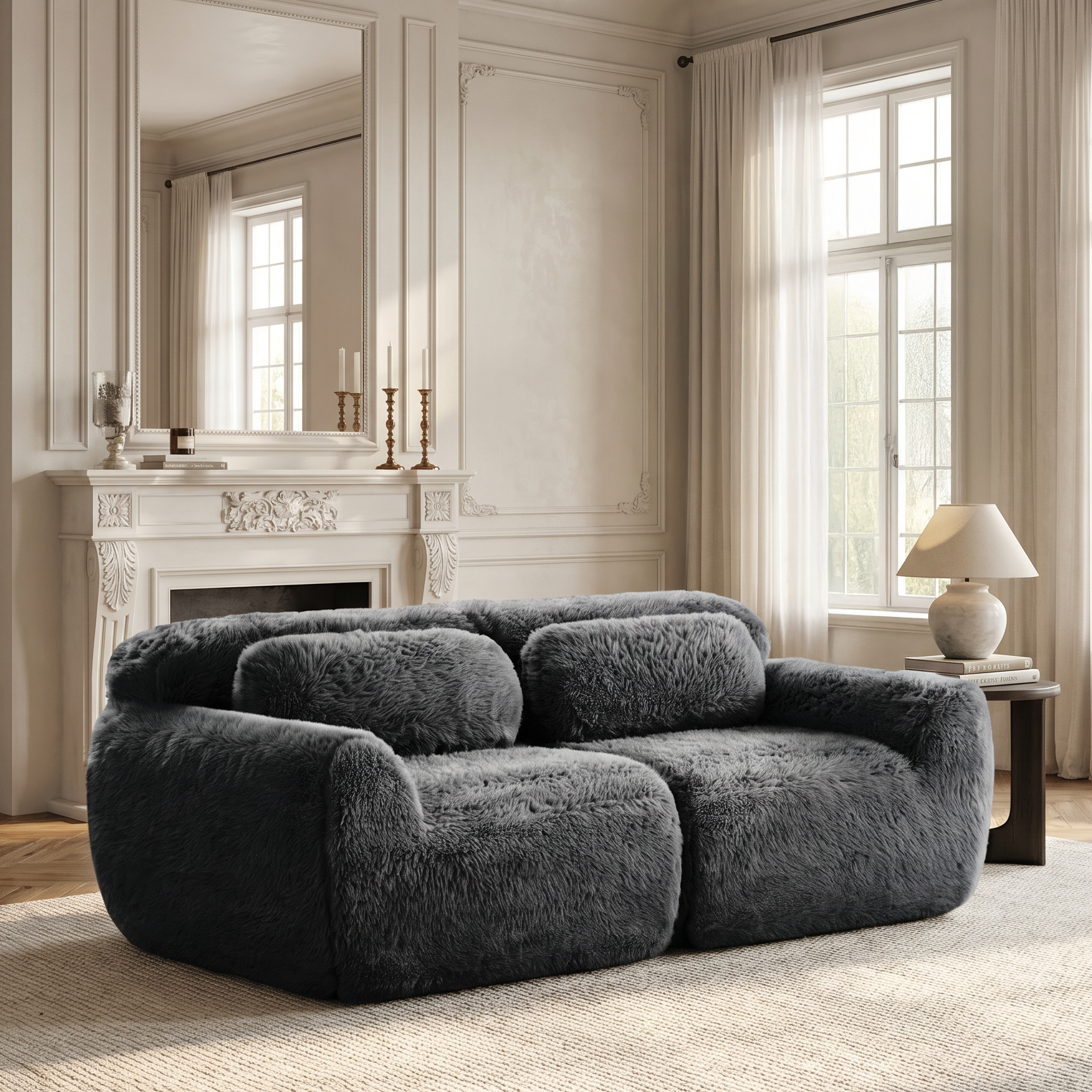 Luna dark gray loveseat sofa showing cozy lifestyle living room scene