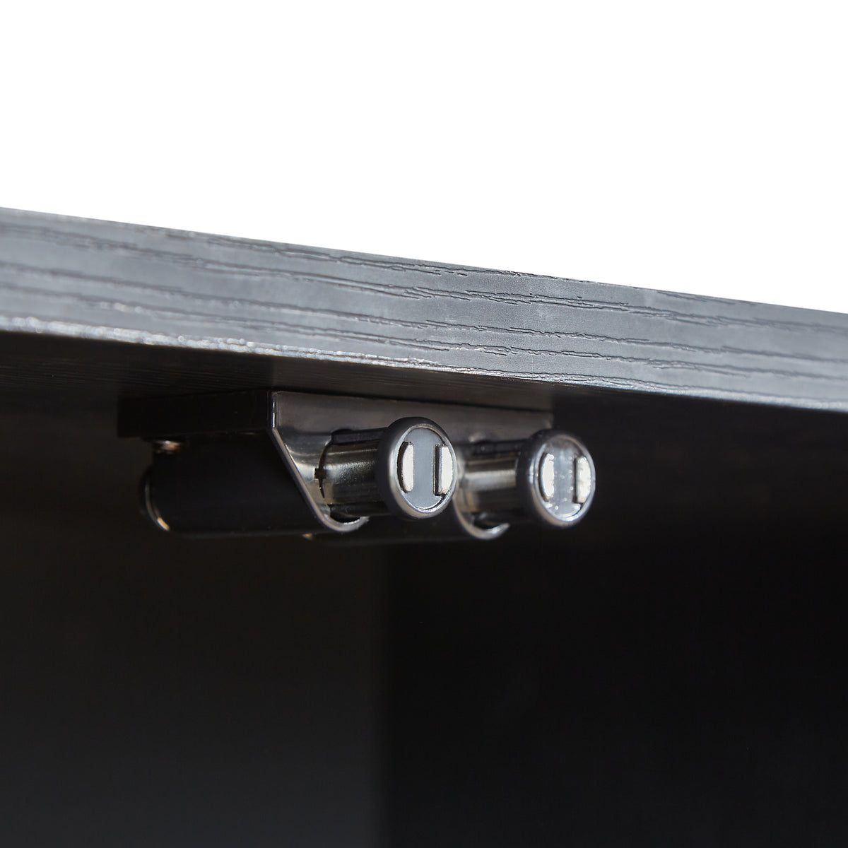 Lund black TV stand showing fluted door panel detail