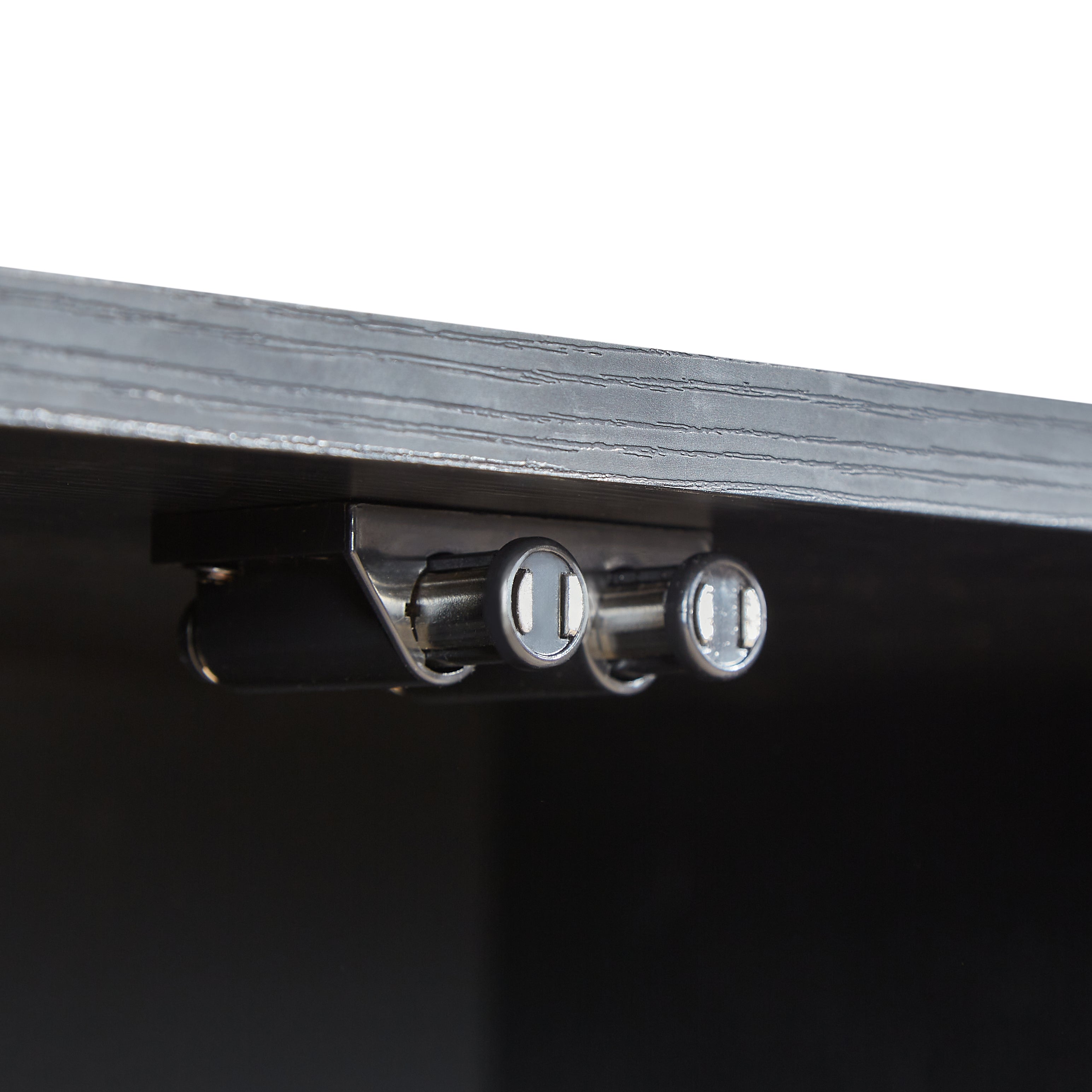 Lund black TV stand showing fluted door panel detail