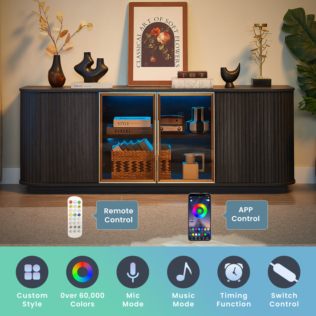 Lund black TV stand showing RGB cabinet lighting with remote and app control