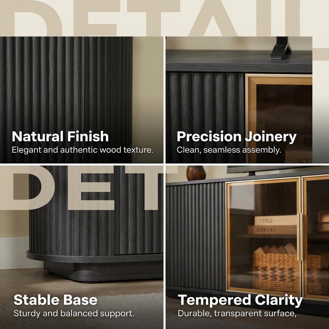 Lund black TV stand showing fluted finish, precision joinery, stable base and glass cabinet detail
