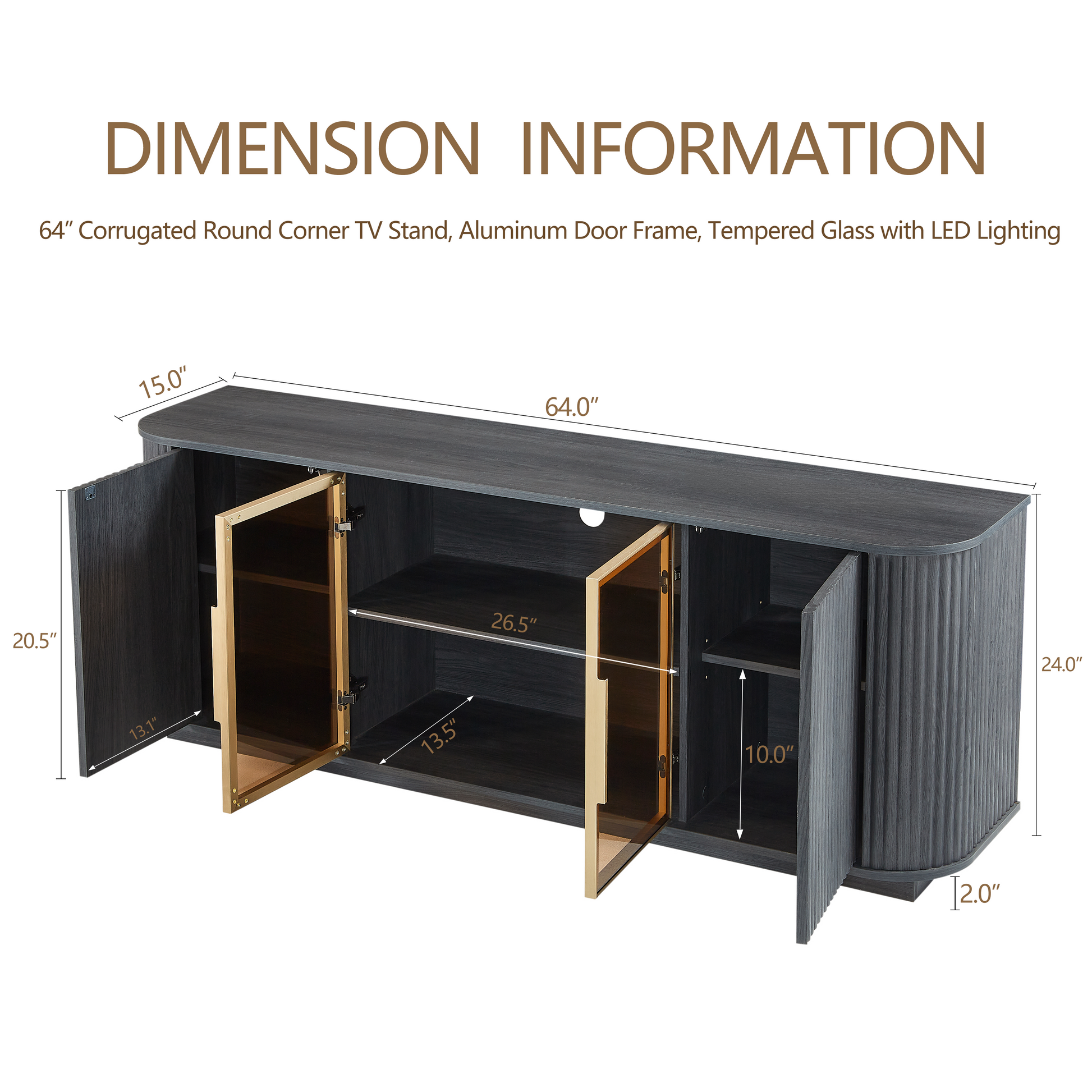 Lund black TV stand showing product dimensions