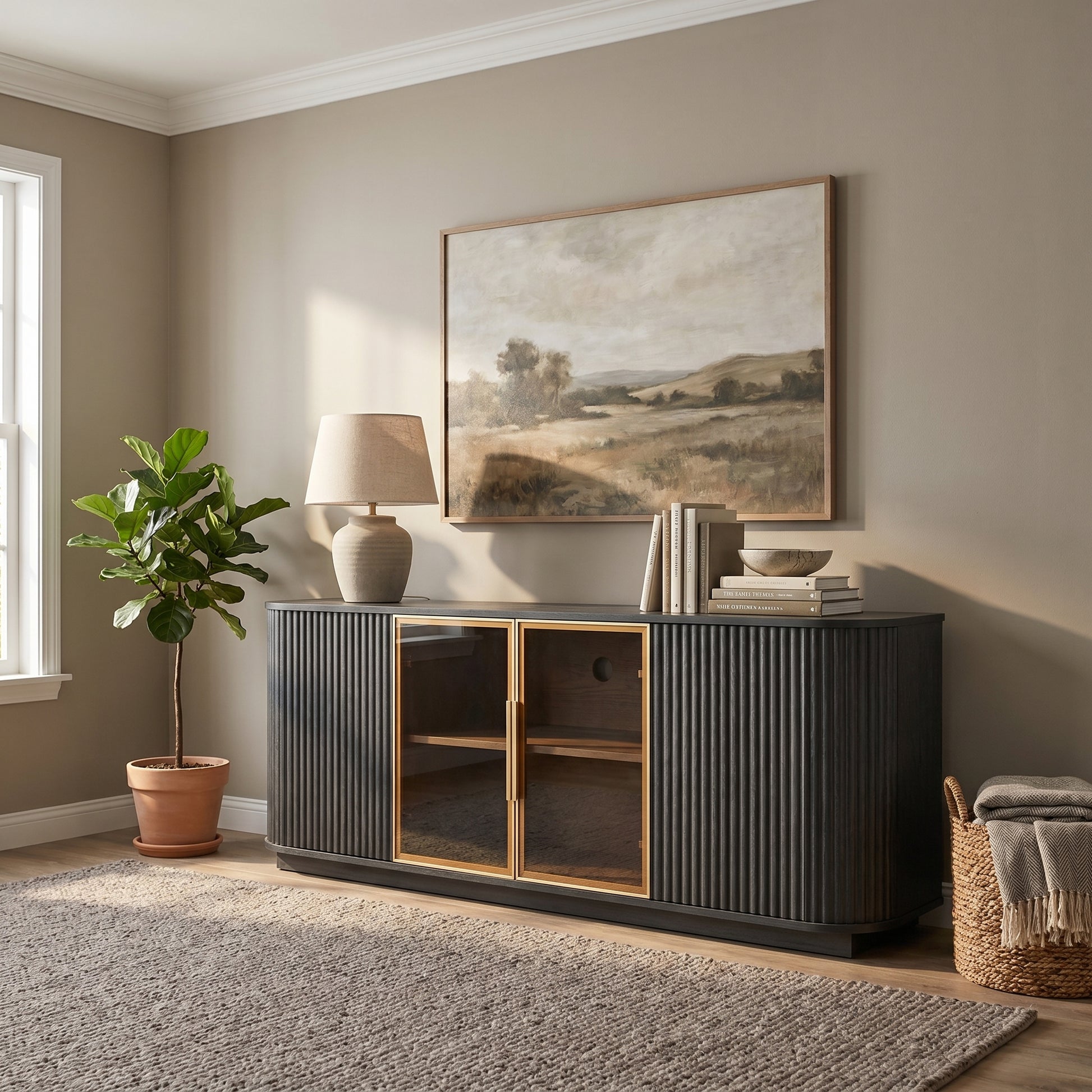 Lund black tv stand showing fluted doors and glass cabinet in a modern living room