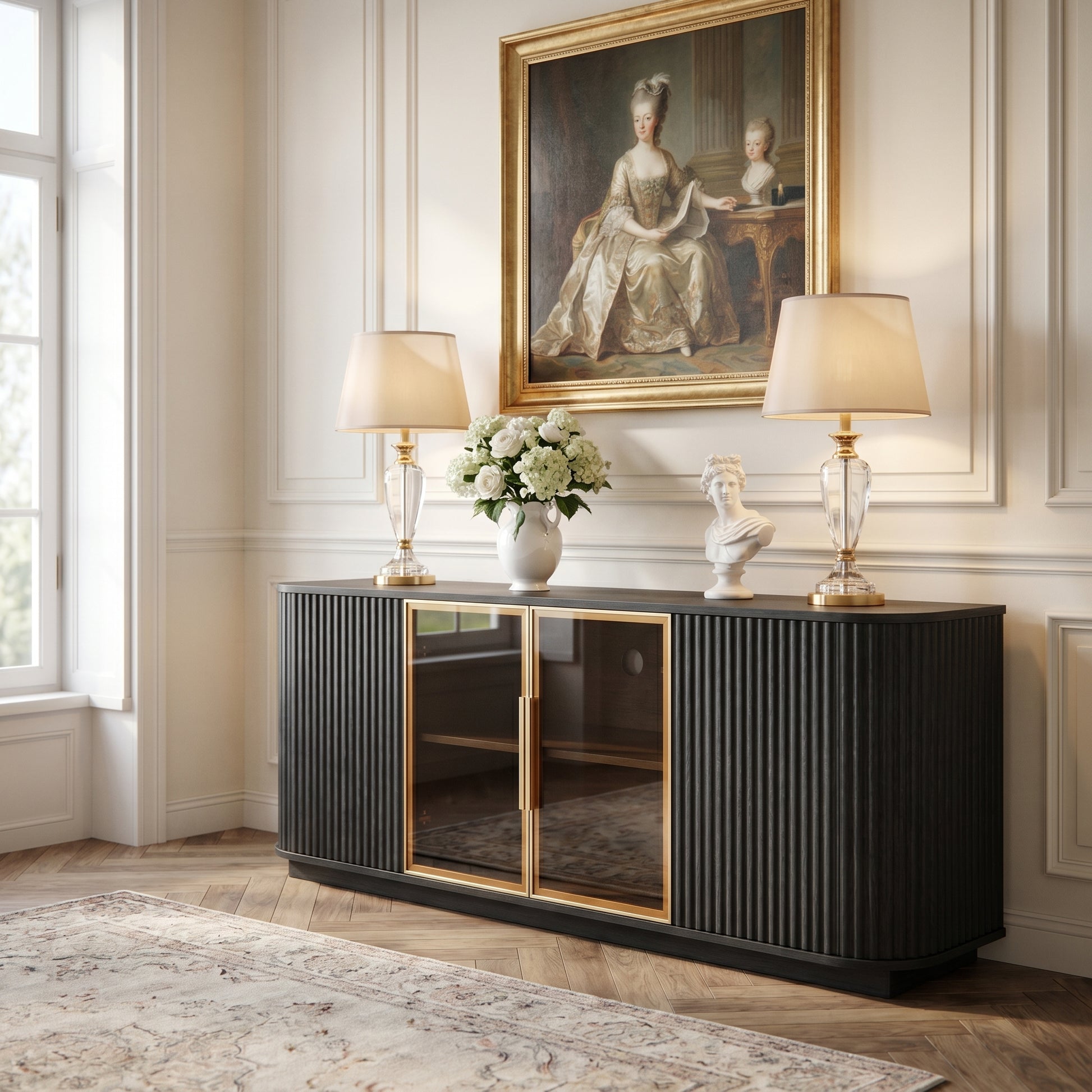 Lund black tv stand showing decorative storage in an elegant living room