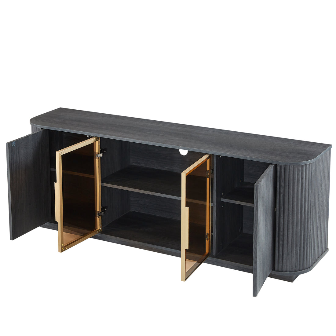 Lund black tv stand showing open doors and interior storage on white background
