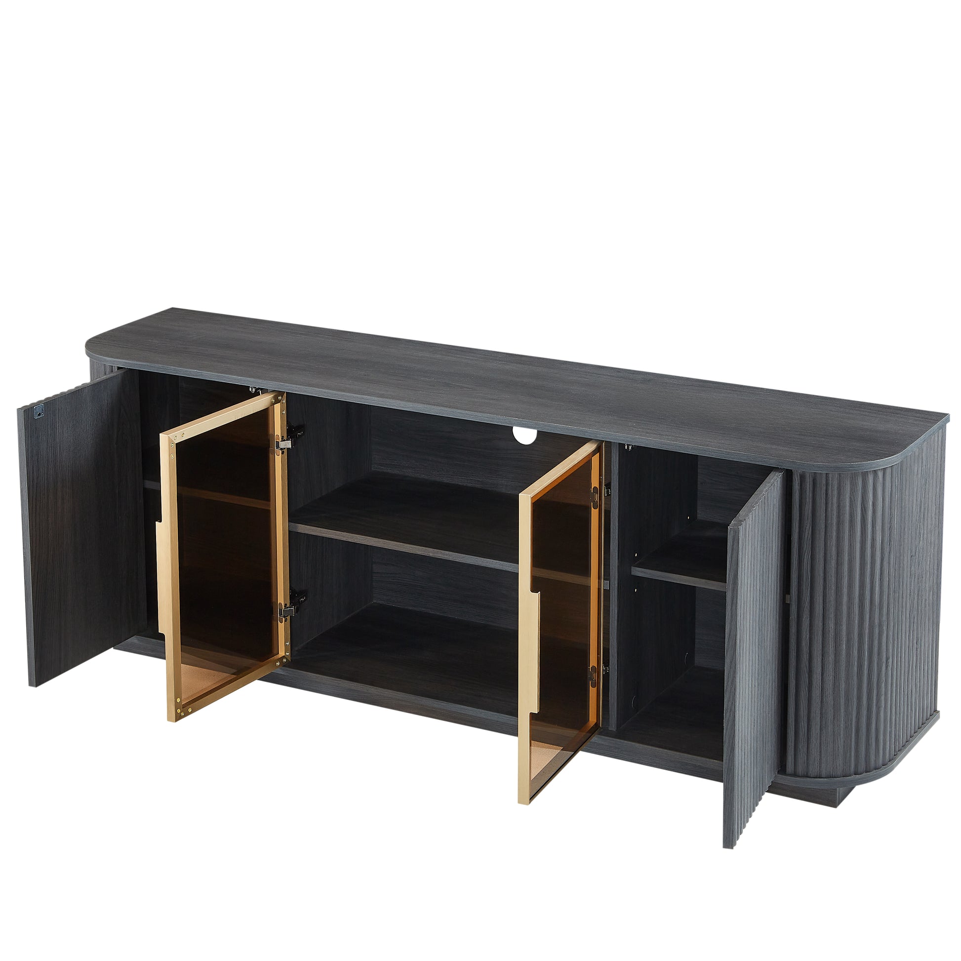 Lund black tv stand showing open doors and interior storage on white background