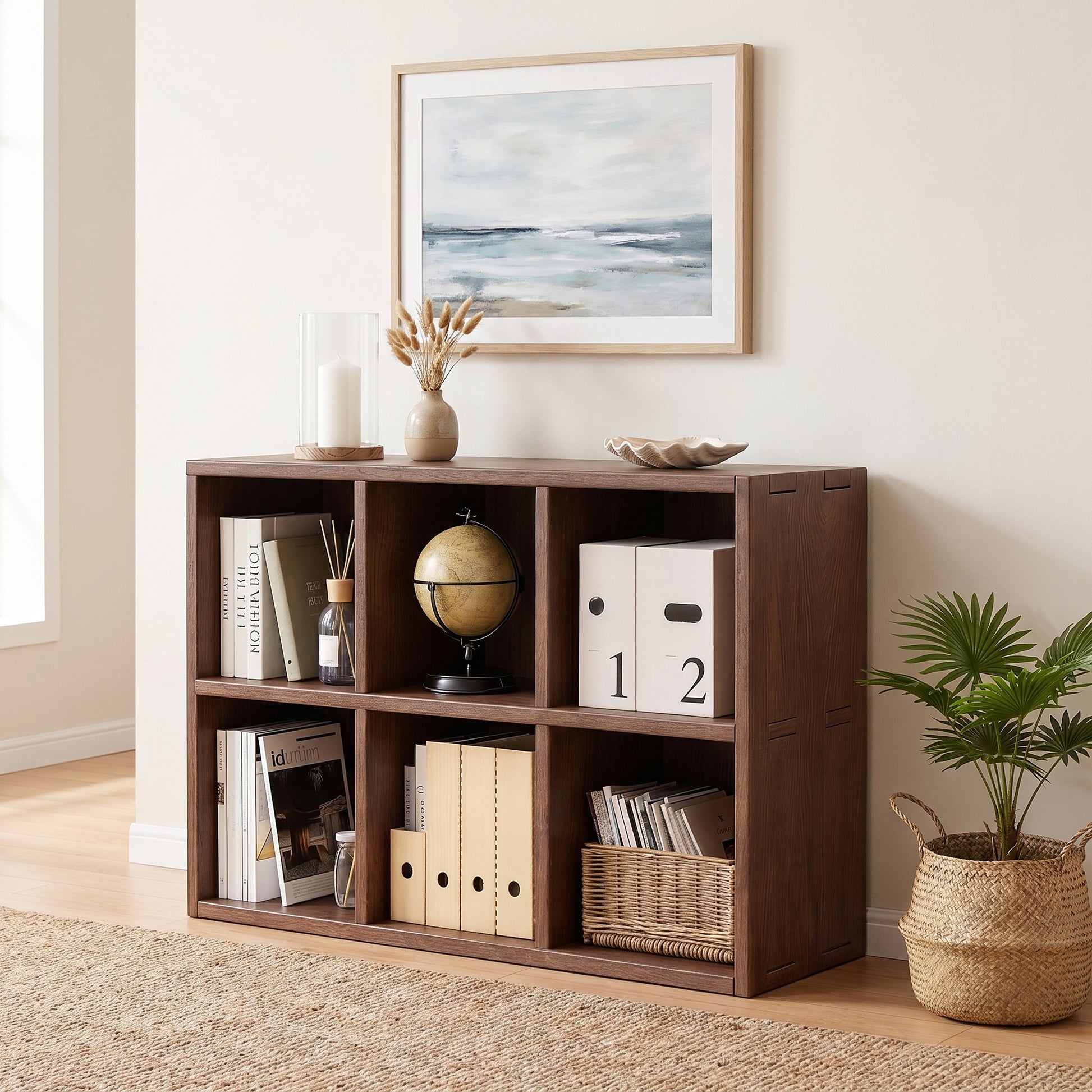 Lyceum walnut bookcase showing angled front view with decorative storage