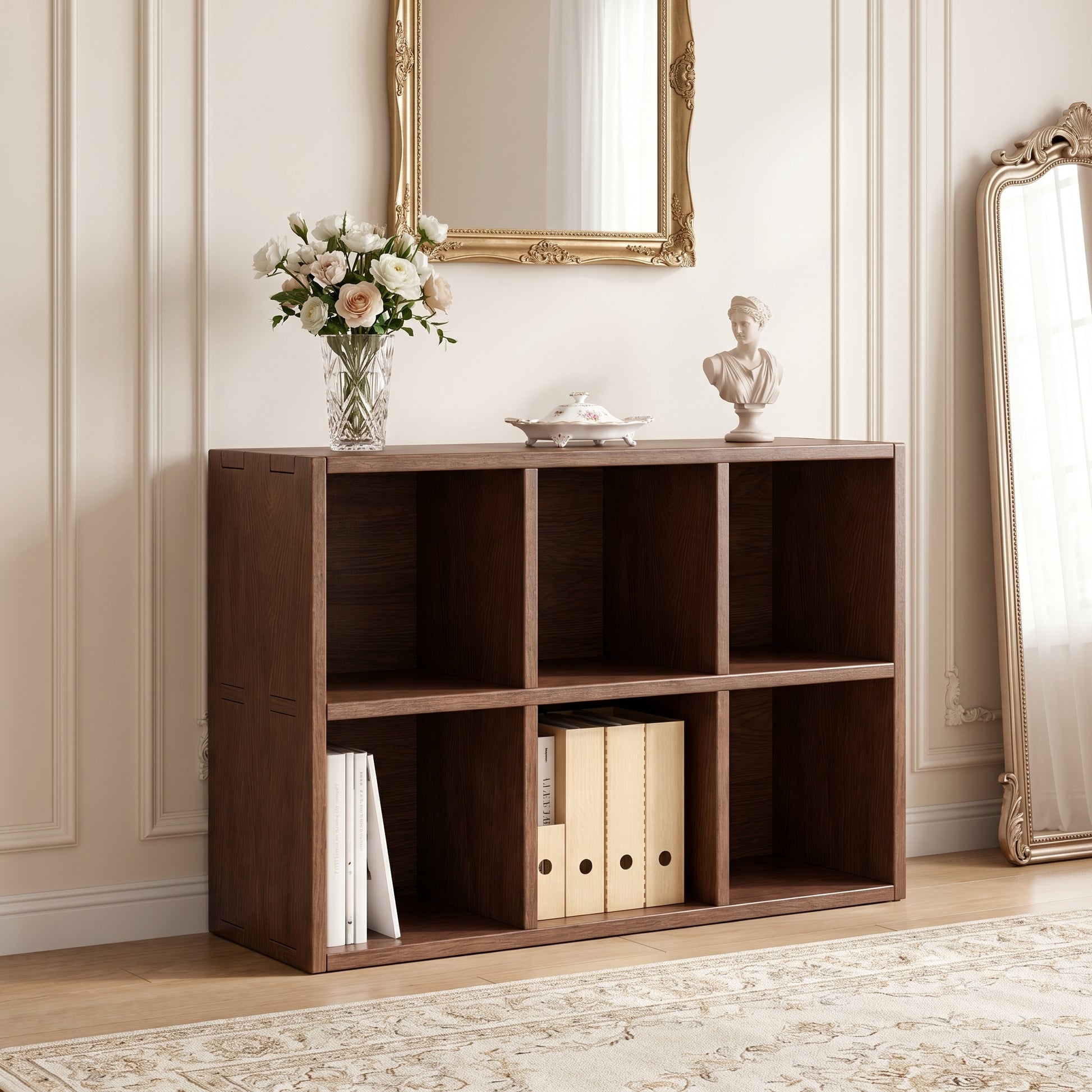 Lyceum walnut bookcase showing front view with open shelf storage