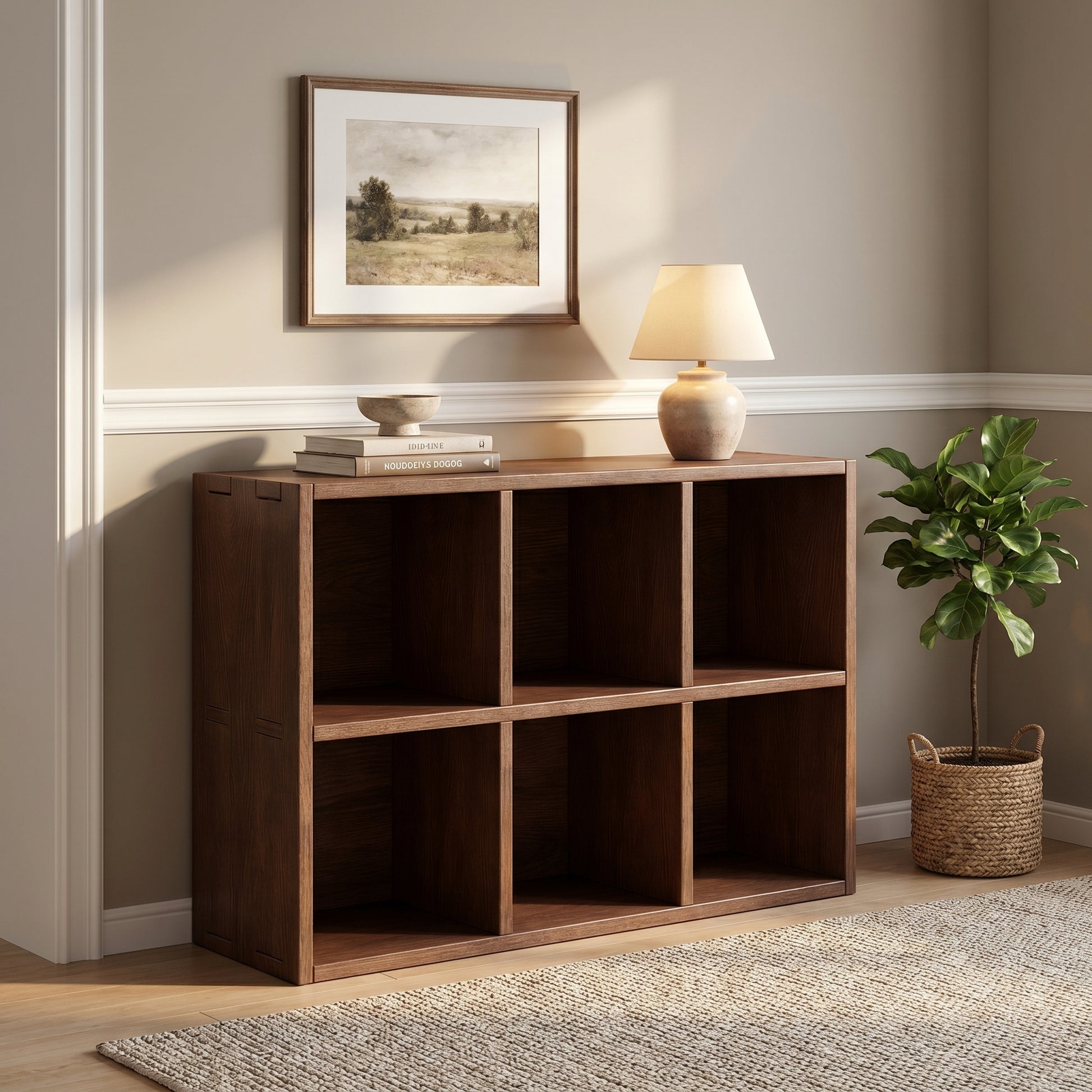 Lyceum walnut bookcase showing bookshelf display in a living room