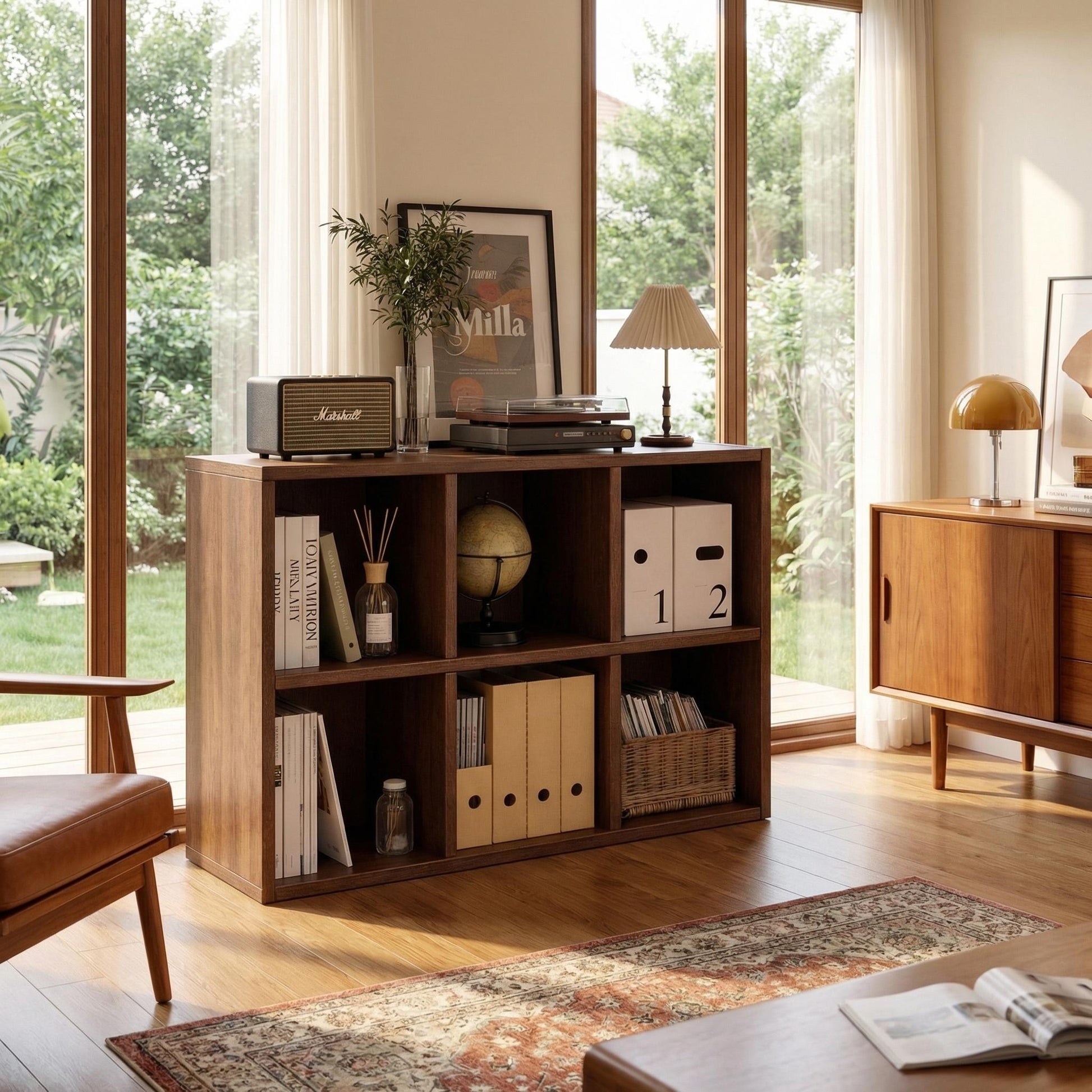 Lyceum walnut bookcase showing corner placement with open storage