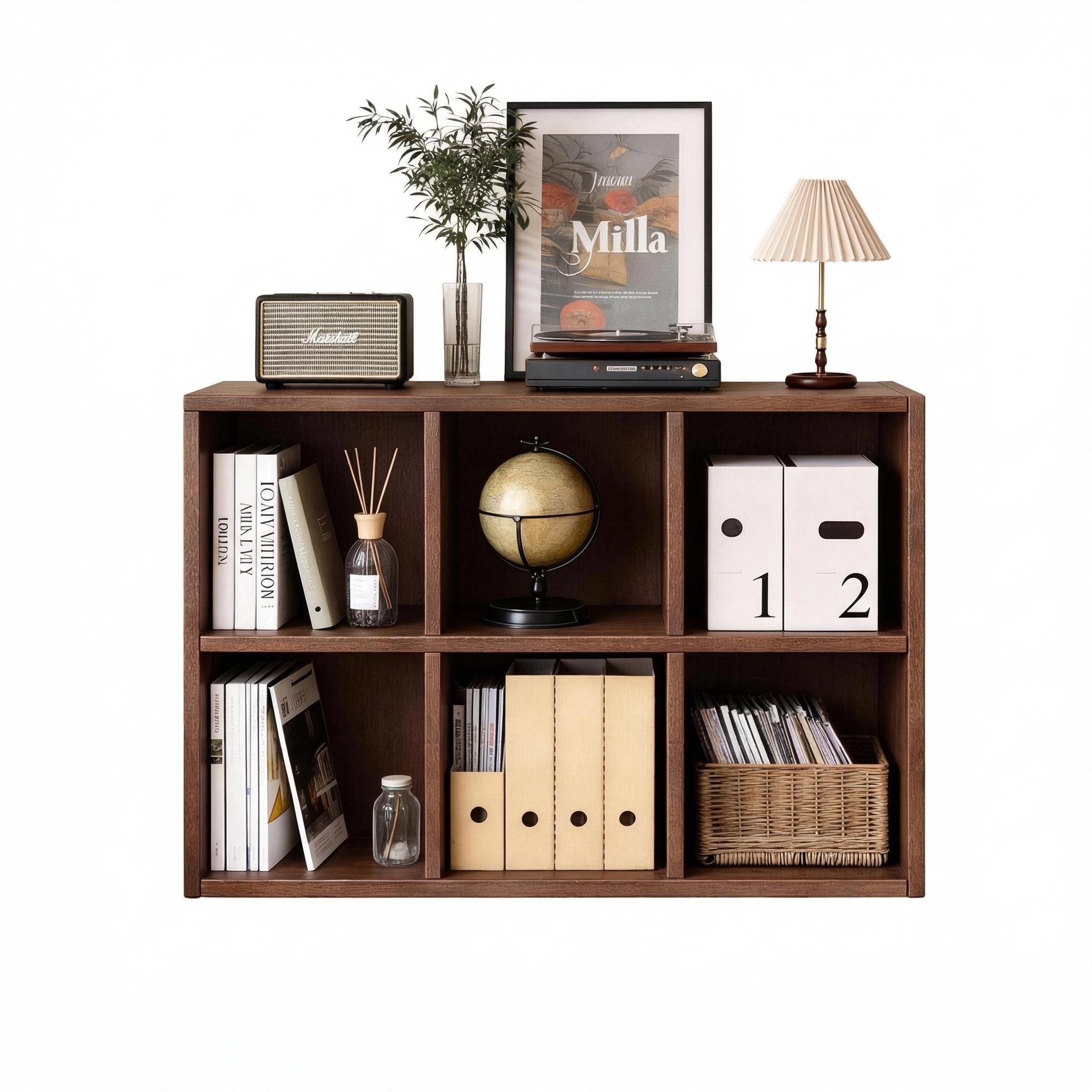 Lyceum walnut bookcase showing front angled view isolated on white background
