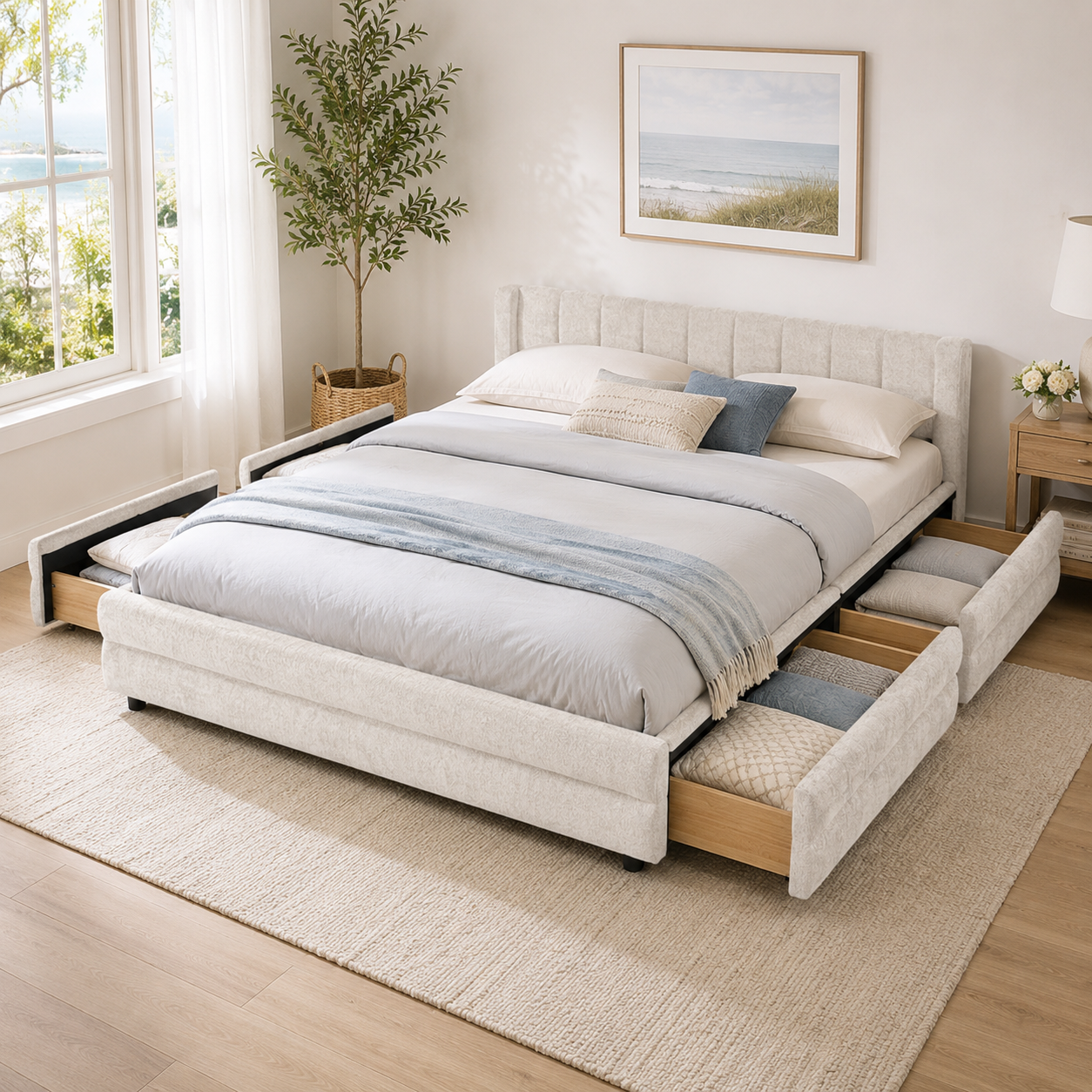 Mabel King Chenille Storage Platform Bed with Tufted Headboard and 4 Drawers