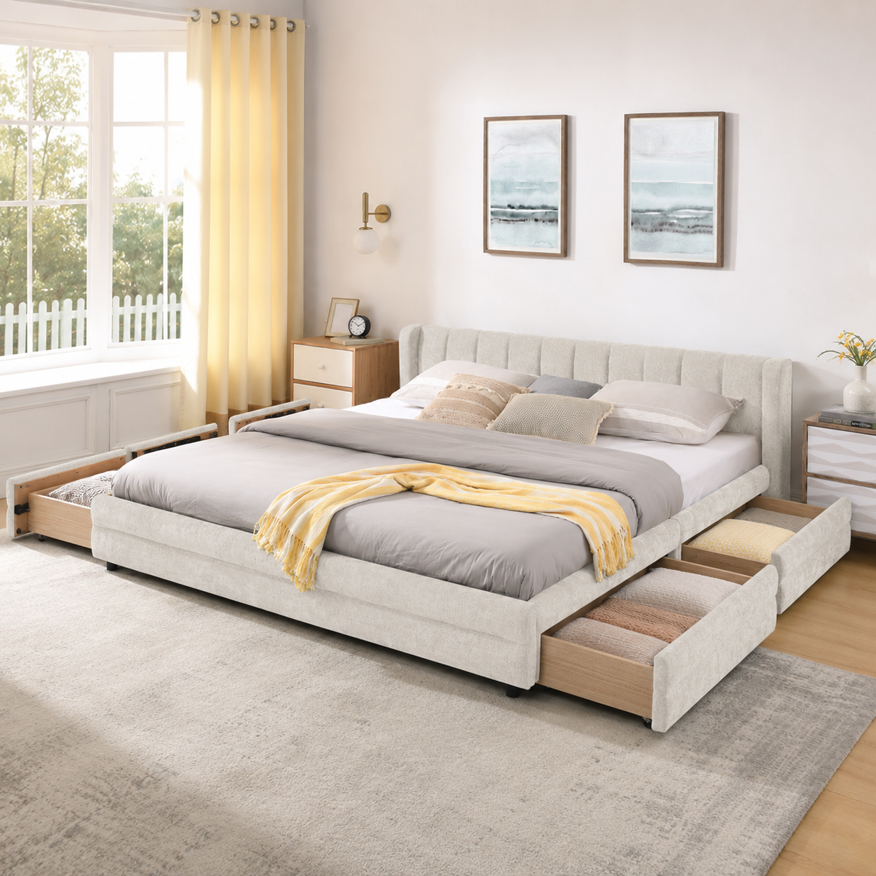 Mabel King Chenille Storage Platform Bed with Tufted Headboard and 4 Drawers