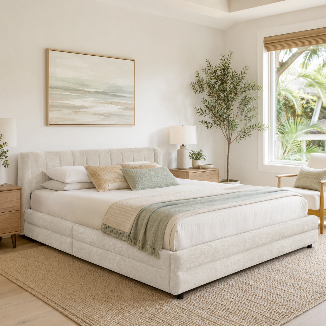 Mabel King Chenille Storage Platform Bed with Tufted Headboard and 4 Drawers