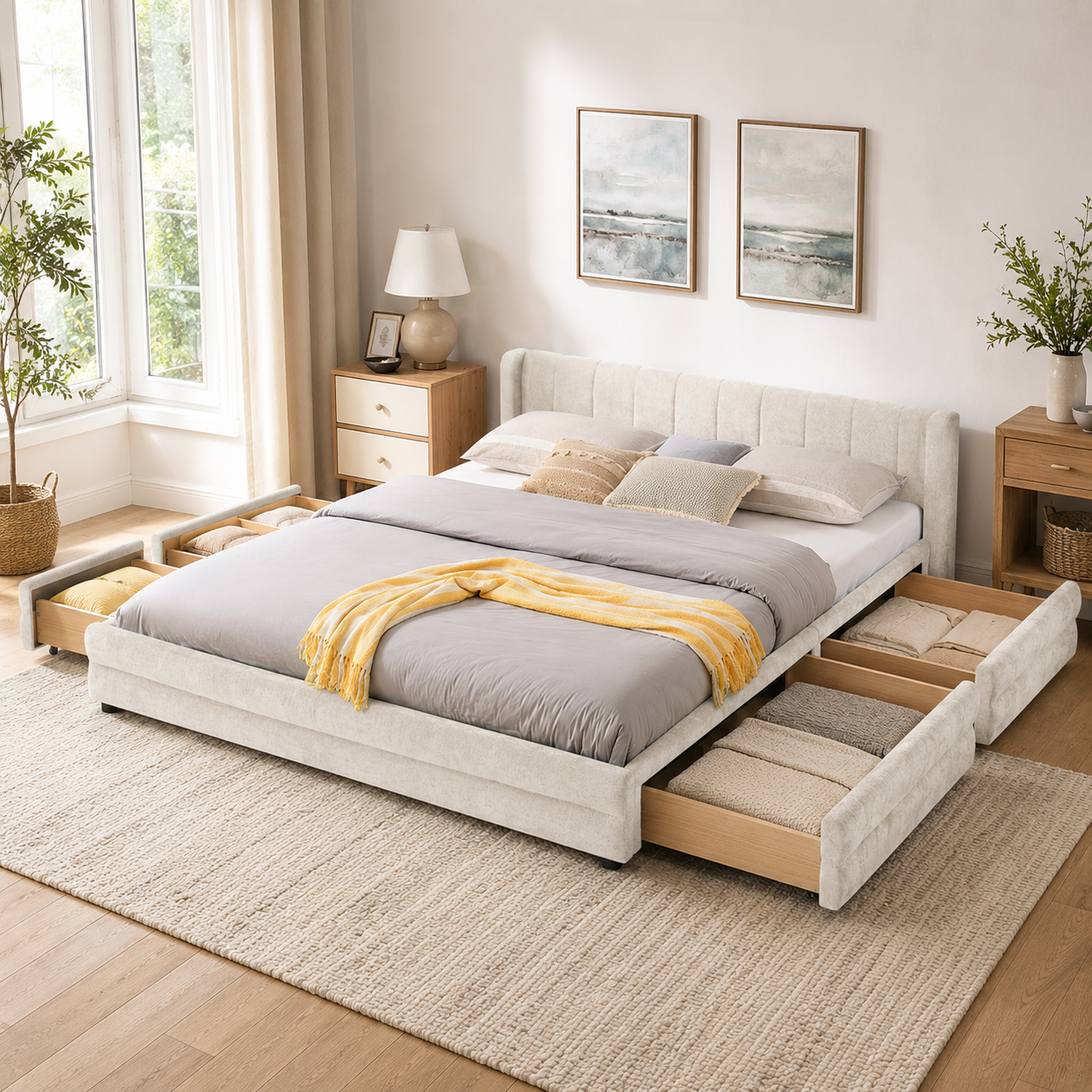 Mabel King Chenille Storage Platform Bed with Tufted Headboard and 4 Drawers