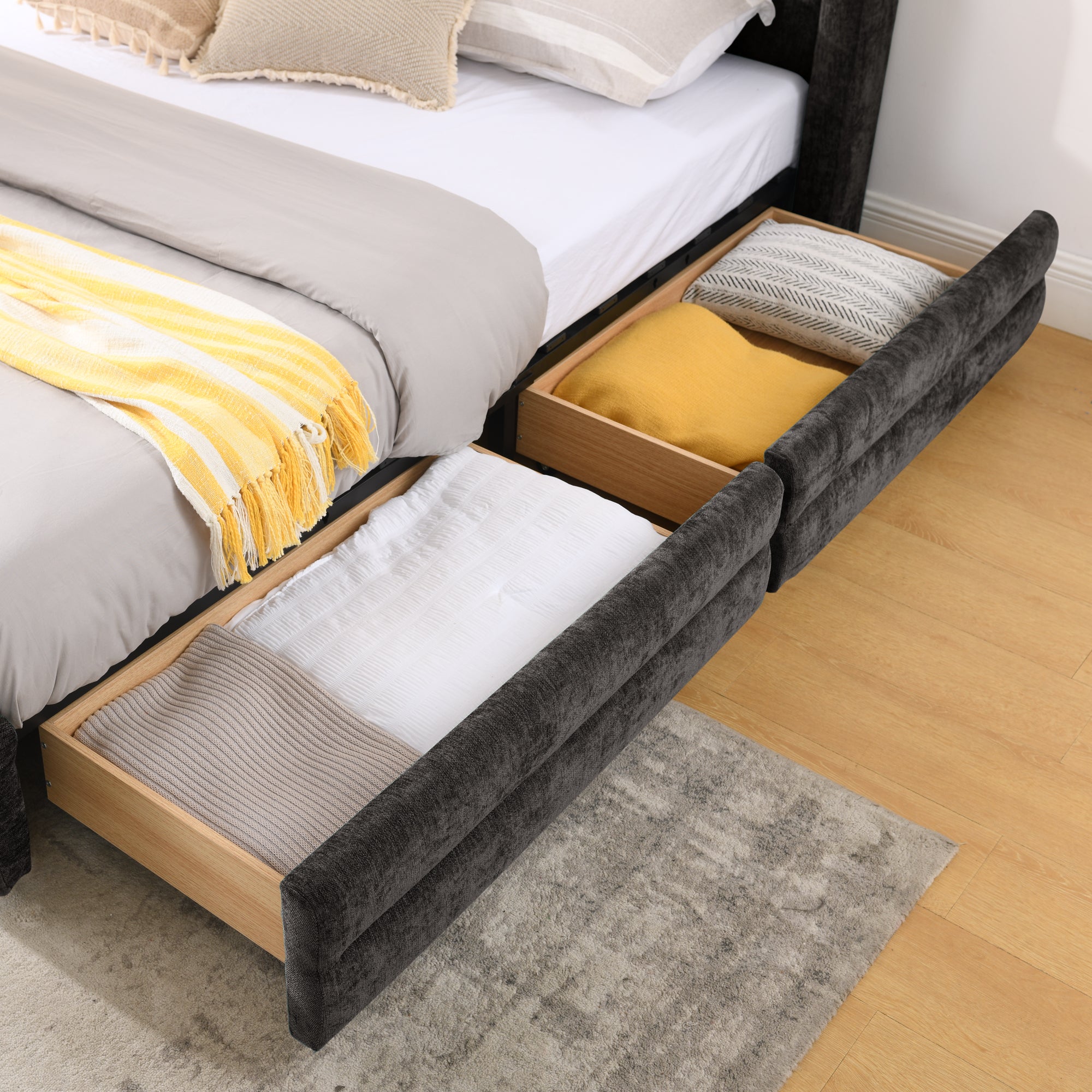 Mabel King Chenille Storage Platform Bed with Tufted Headboard and 4 Drawers