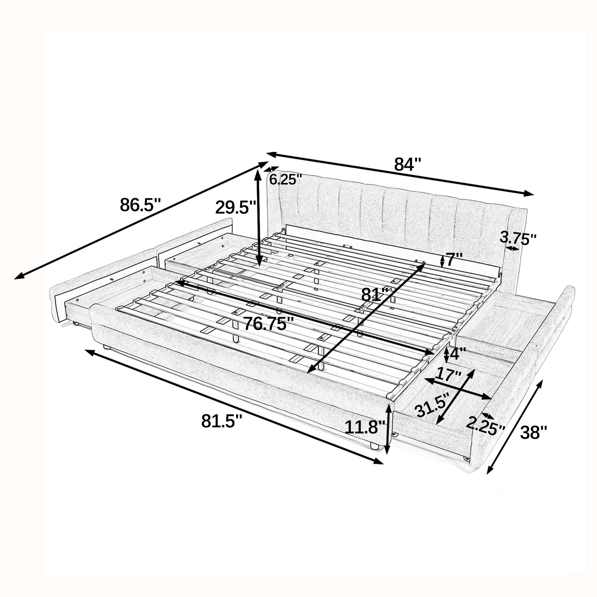 Mabel King Chenille Storage Platform Bed with Tufted Headboard and 4 Drawers