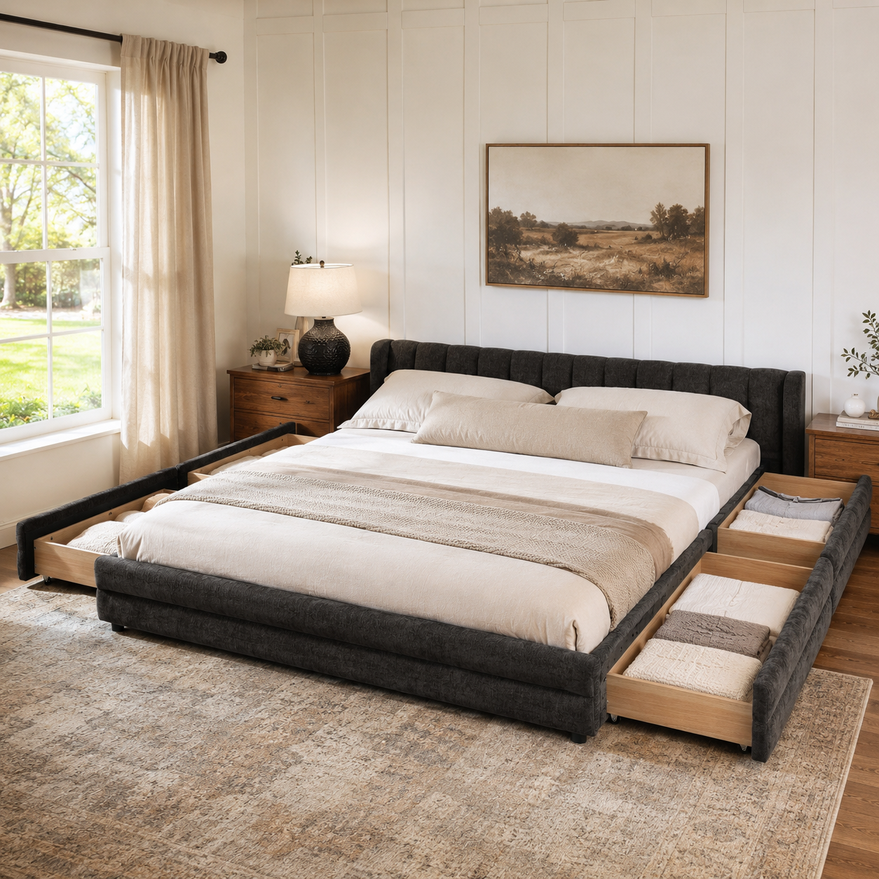 Mabel King Chenille Storage Platform Bed with Tufted Headboard and 4 Drawers