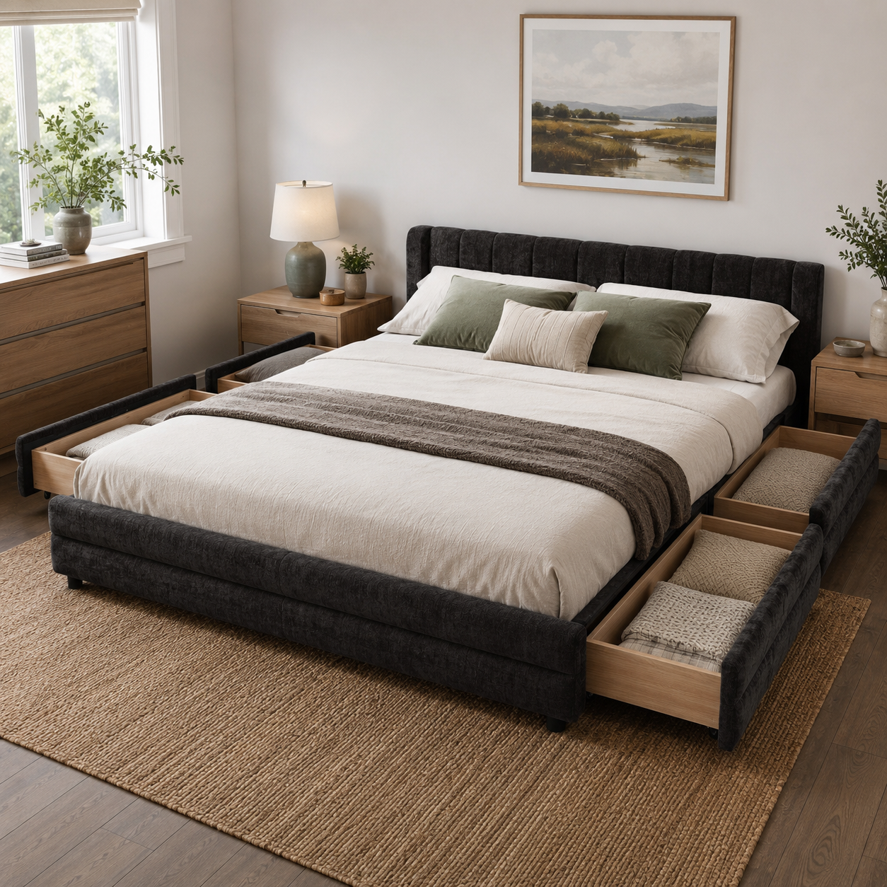 Mabel King Chenille Storage Platform Bed with Tufted Headboard and 4 Drawers