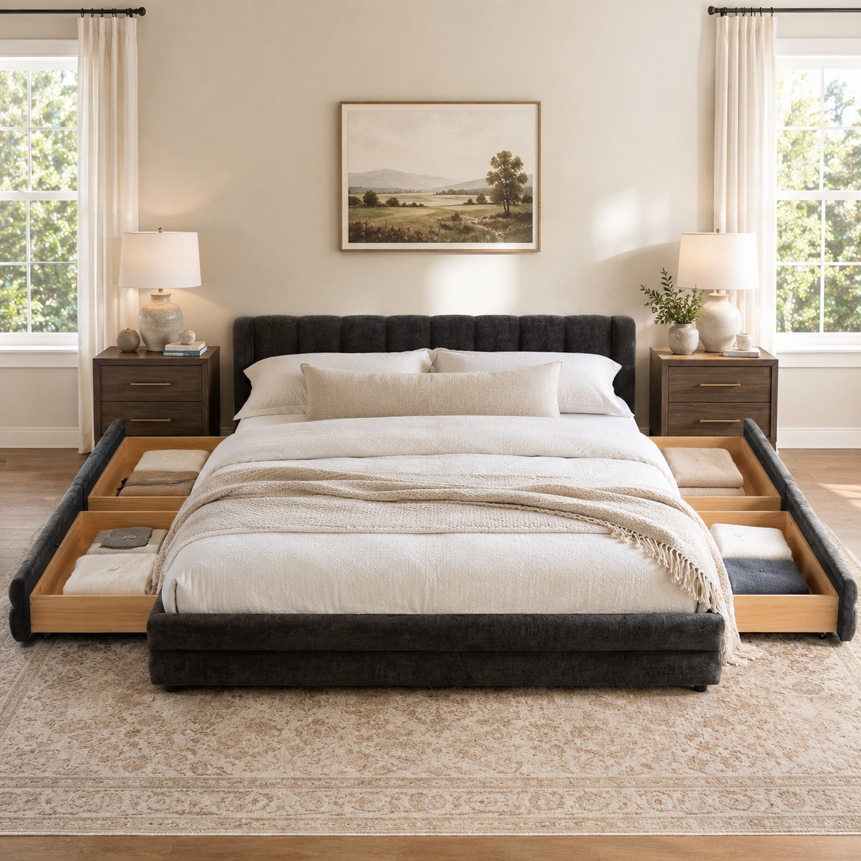 Mabel King Chenille Storage Platform Bed with Tufted Headboard and 4 Drawers