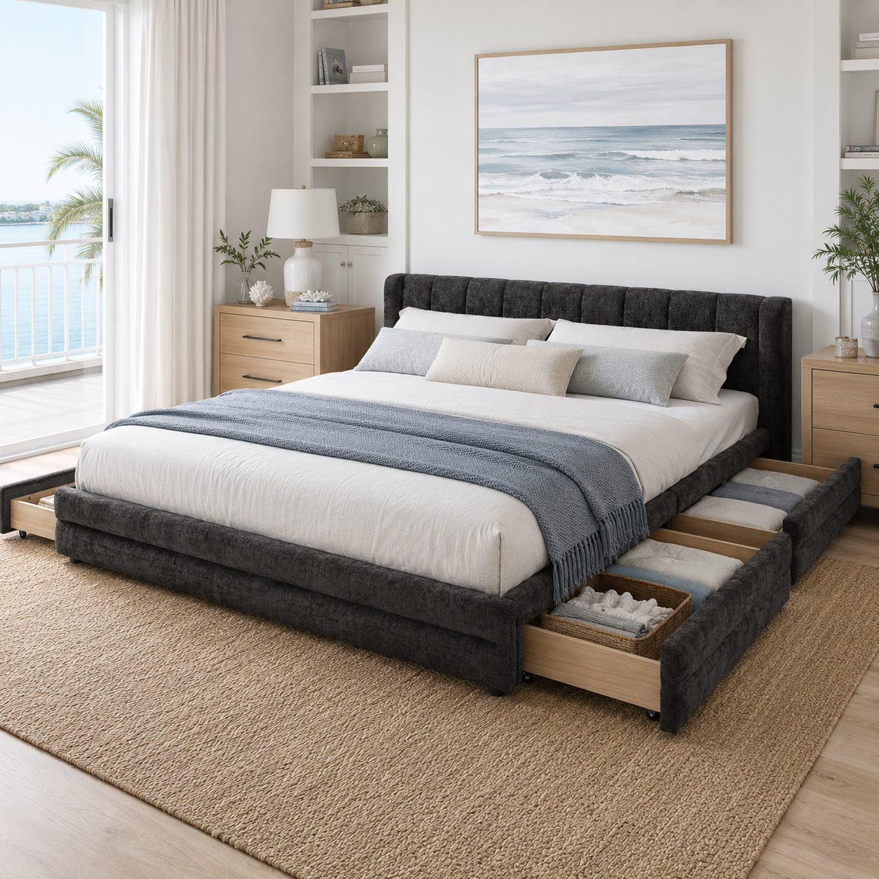 Mabel King Chenille Storage Platform Bed with Tufted Headboard and 4 Drawers