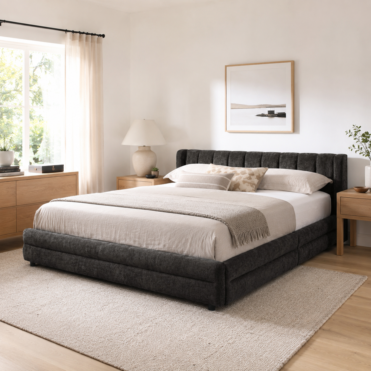 Mabel King Chenille Storage Platform Bed with Tufted Headboard and 4 Drawers