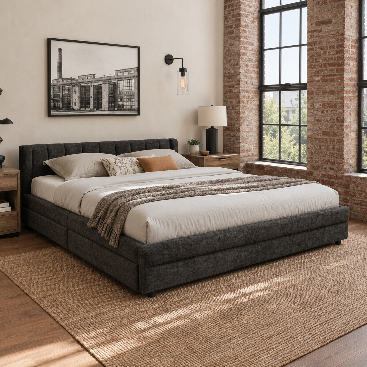 Mabel King Chenille Storage Platform Bed with Tufted Headboard and 4 Drawers
