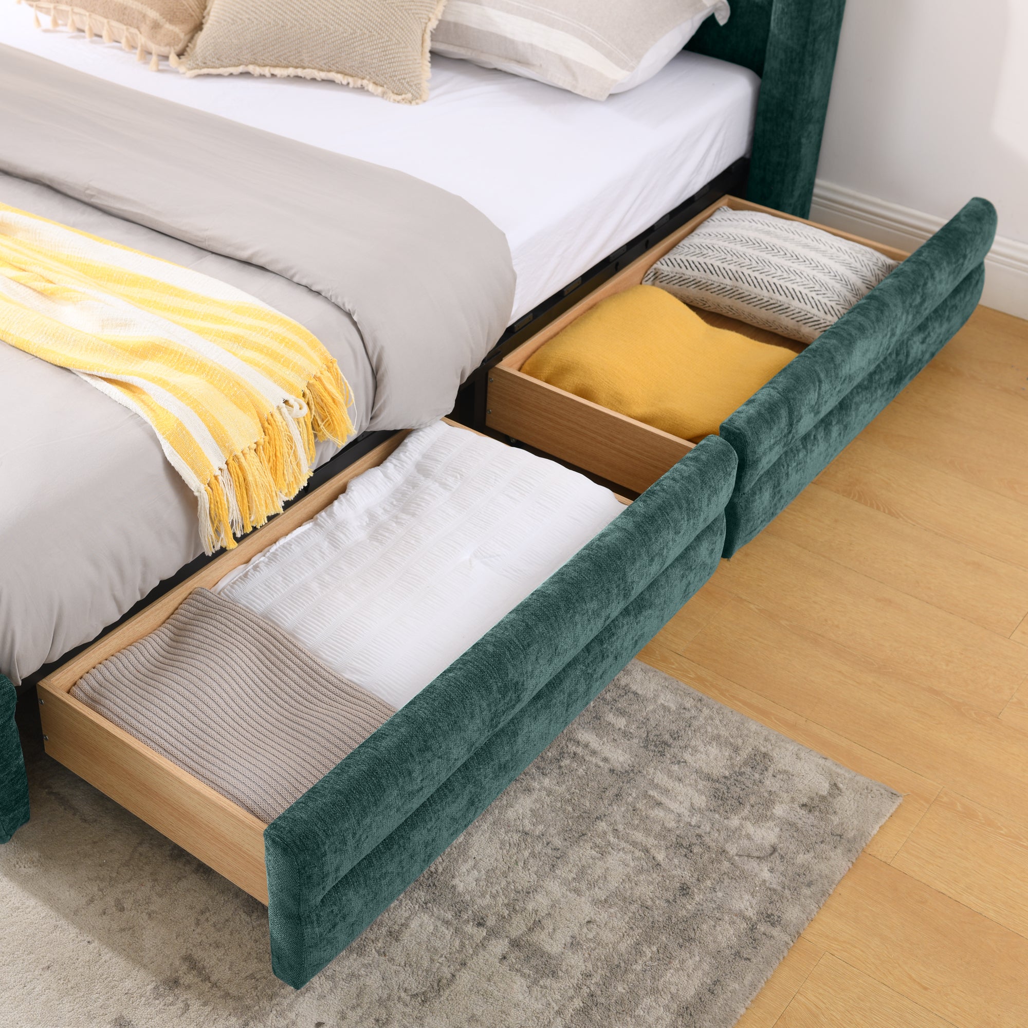Mabel King Chenille Storage Platform Bed with Tufted Headboard and 4 Drawers