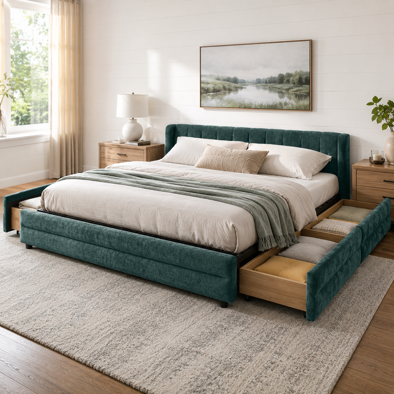Mabel King Chenille Storage Platform Bed with Tufted Headboard and 4 Drawers