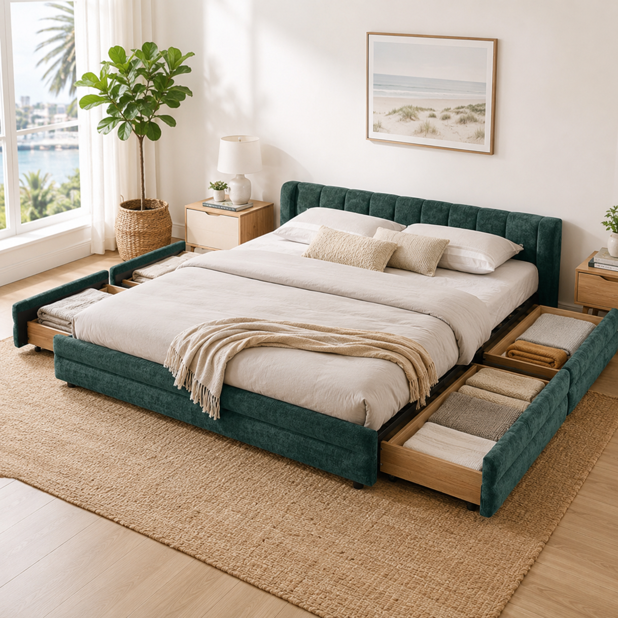 Mabel King Chenille Storage Platform Bed with Tufted Headboard and 4 Drawers