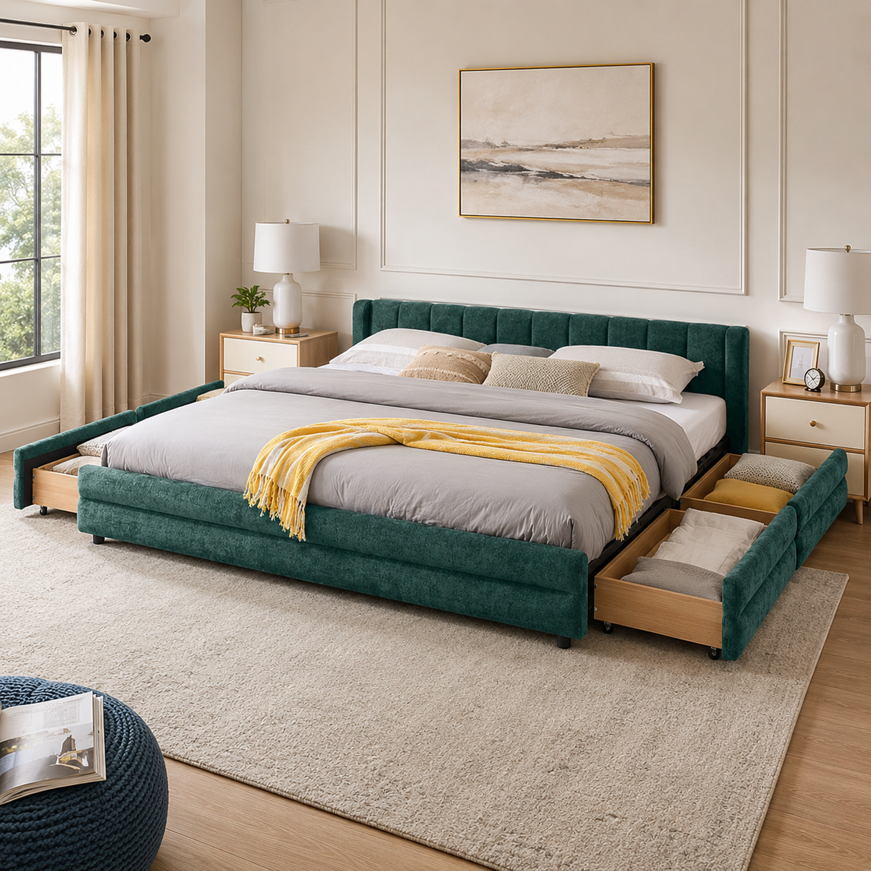 Mabel King Chenille Storage Platform Bed with Tufted Headboard and 4 Drawers