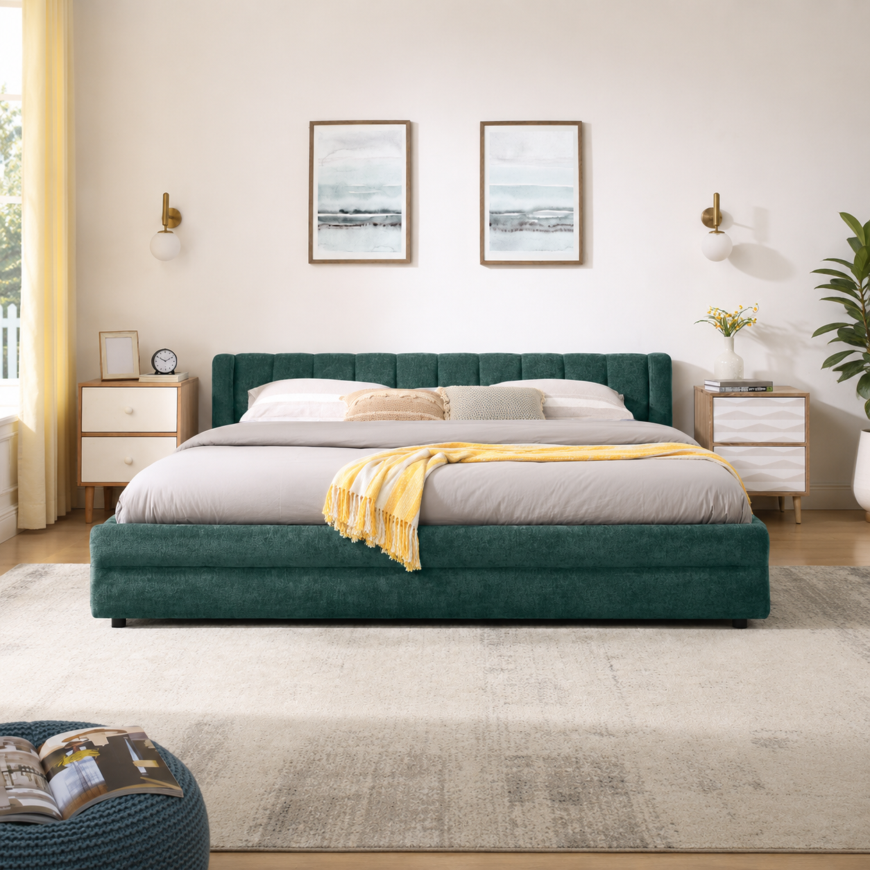 Mabel King Chenille Storage Platform Bed with Tufted Headboard and 4 Drawers