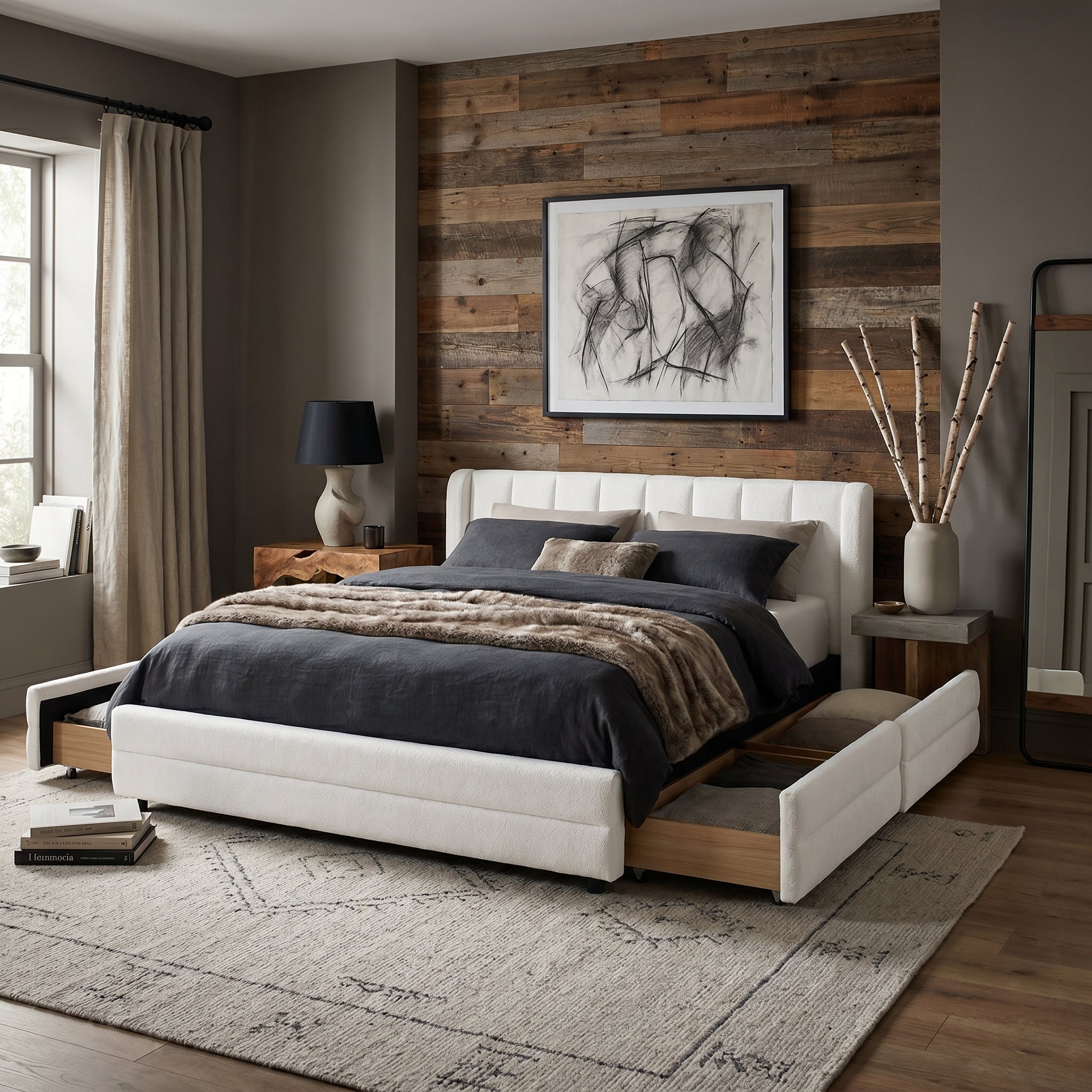 Mabel Queen Chenille Storage Platform Bed with Tufted Headboard and 4 Drawers
