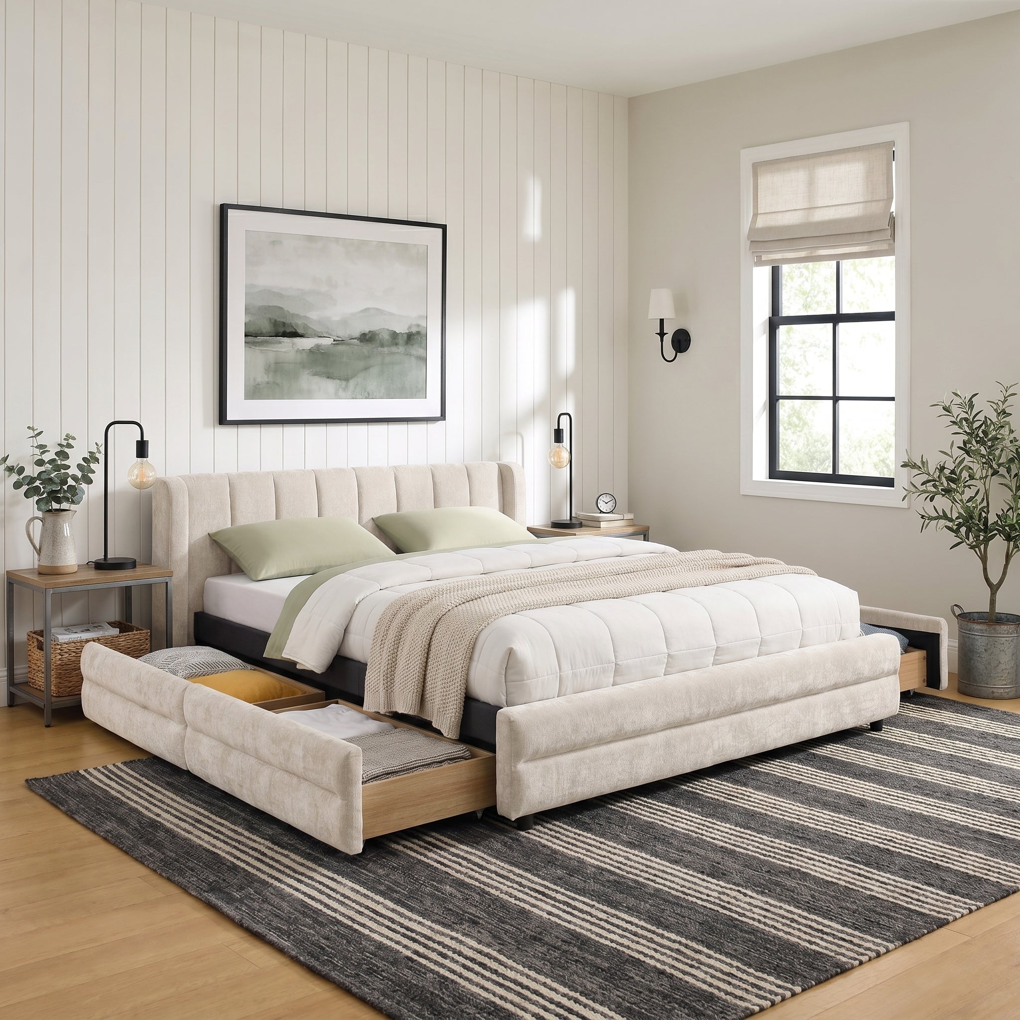Mabel Queen Chenille Storage Platform Bed with Tufted Headboard and 4 Drawers