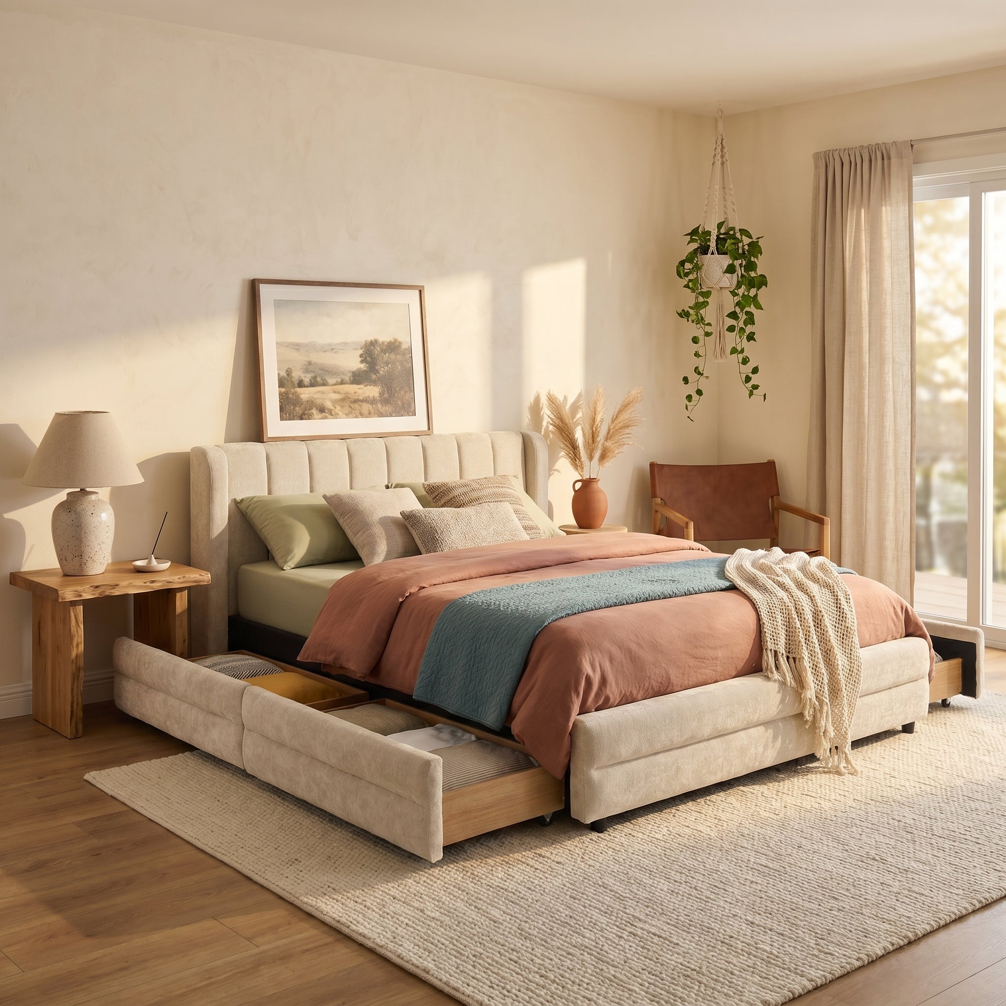 Mabel Queen Chenille Storage Platform Bed with Tufted Headboard and 4 Drawers