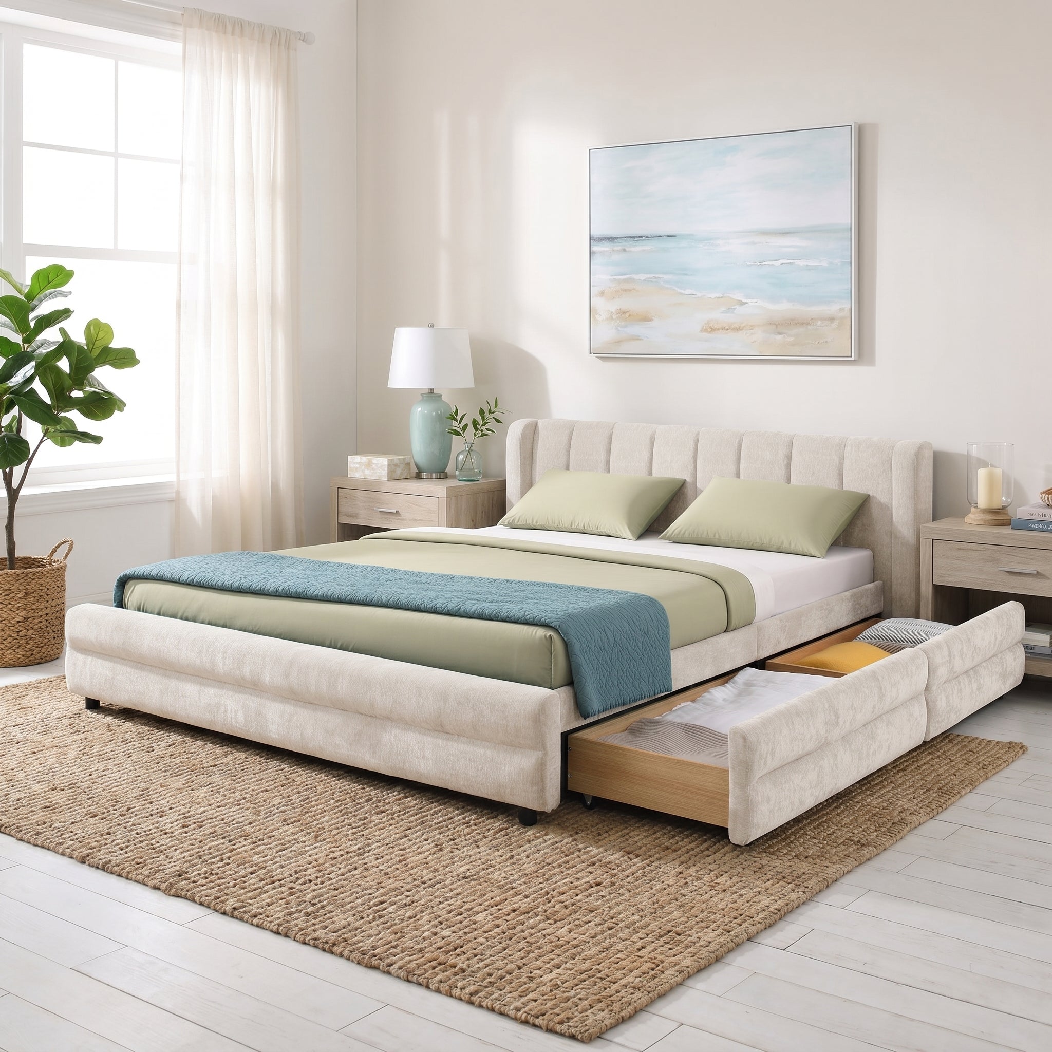 Mabel Queen Chenille Storage Platform Bed with Tufted Headboard and 4 Drawers
