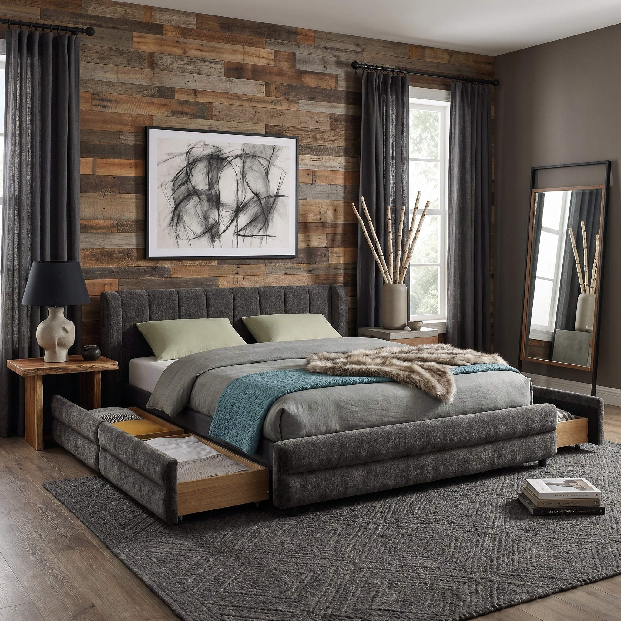 Mabel Queen Chenille Storage Platform Bed with Tufted Headboard and 4 Drawers