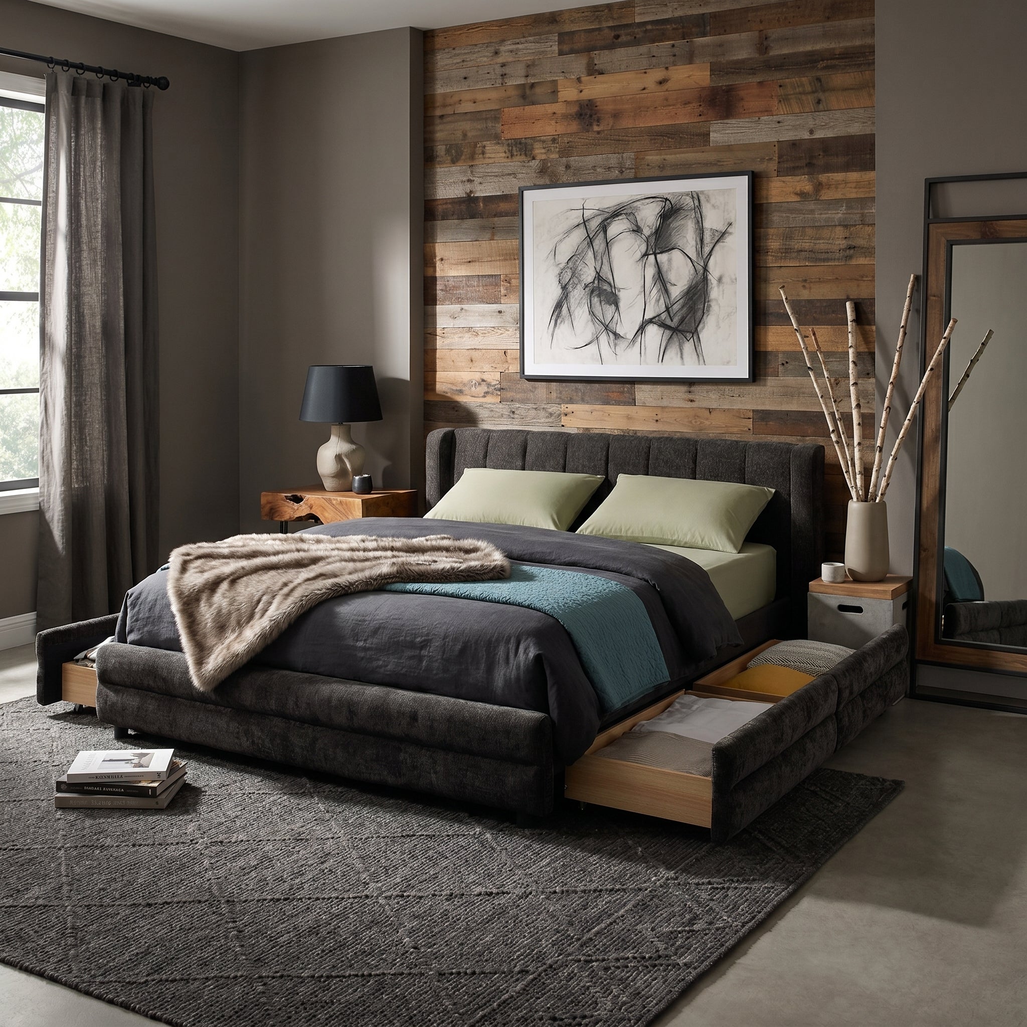 Mabel Queen Chenille Storage Platform Bed with Tufted Headboard and 4 Drawers