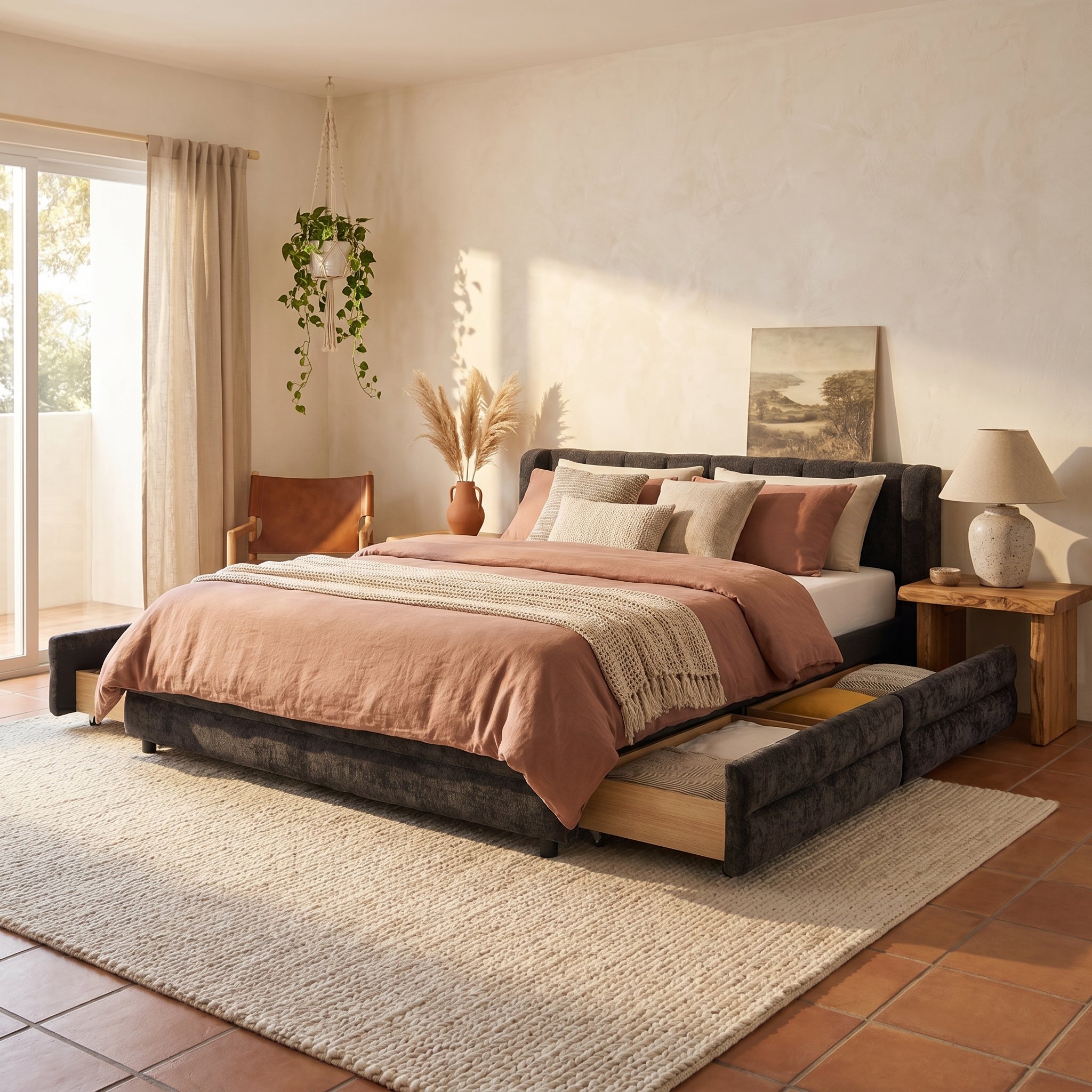 Mabel Queen Chenille Storage Platform Bed with Tufted Headboard and 4 Drawers