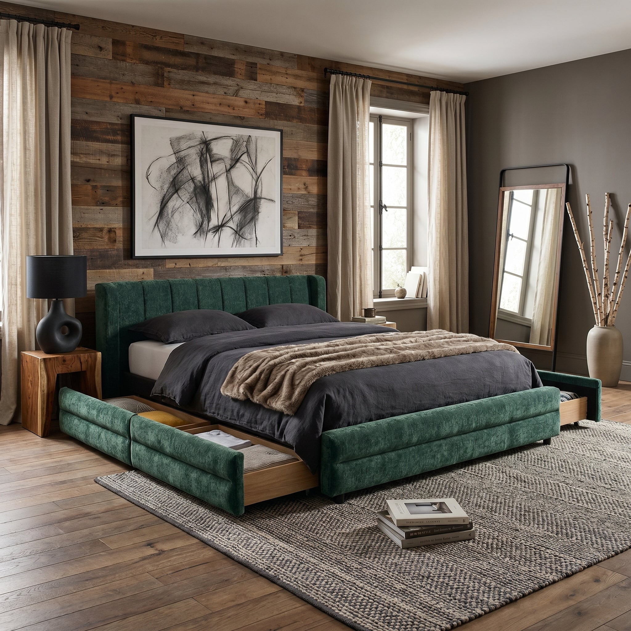 Mabel Queen Chenille Storage Platform Bed with Tufted Headboard and 4 Drawers