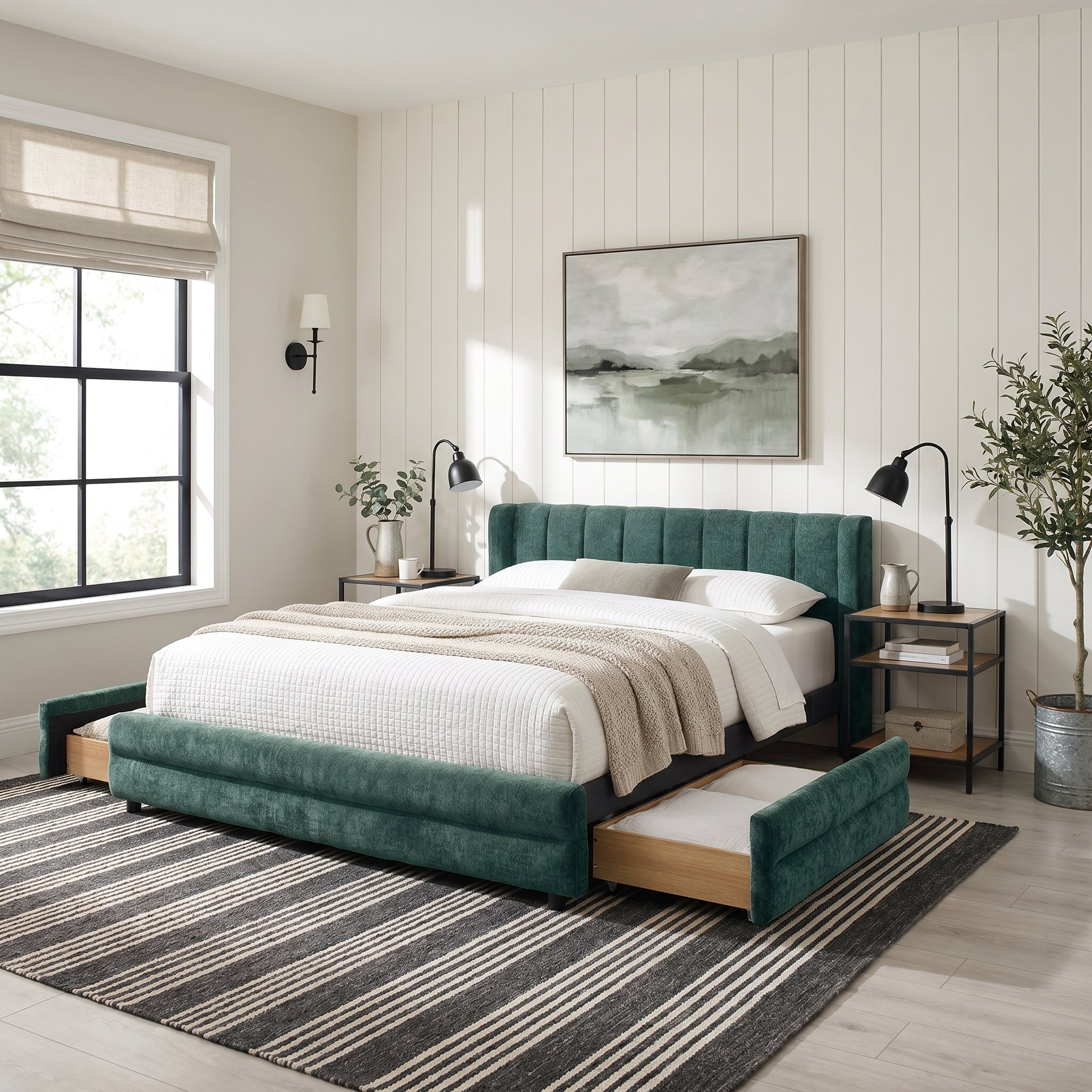 Mabel Queen Chenille Storage Platform Bed with Tufted Headboard and 4 Drawers
