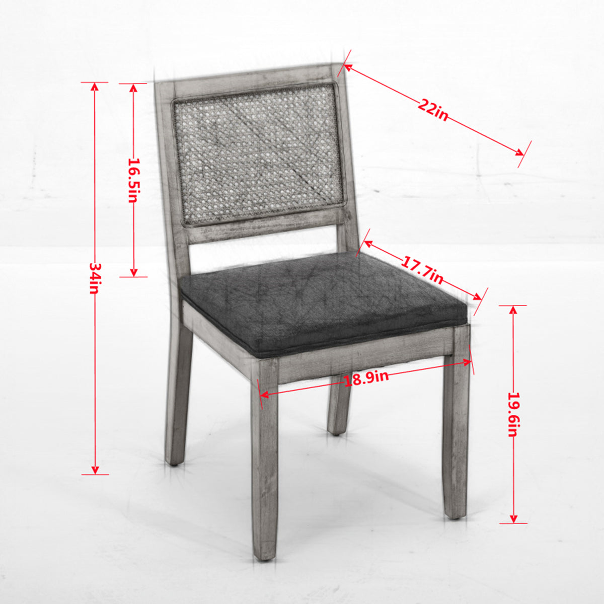 Maggiore gray rattan dining chair showing product dimensions with upholstered seat and solid rubberwood frame
