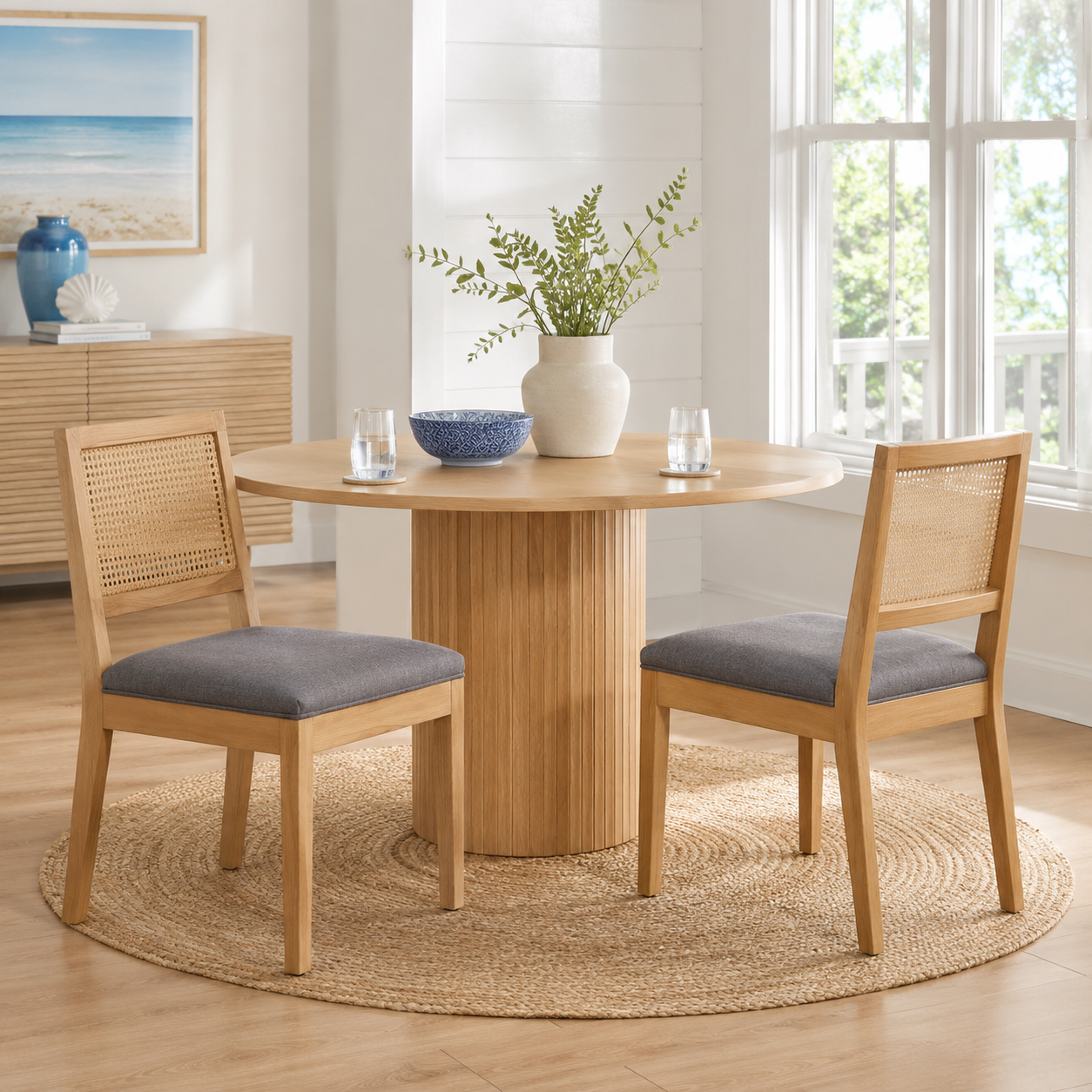 Maggiore gray rattan dining chairs with solid rubberwood frames around a wood dining table
