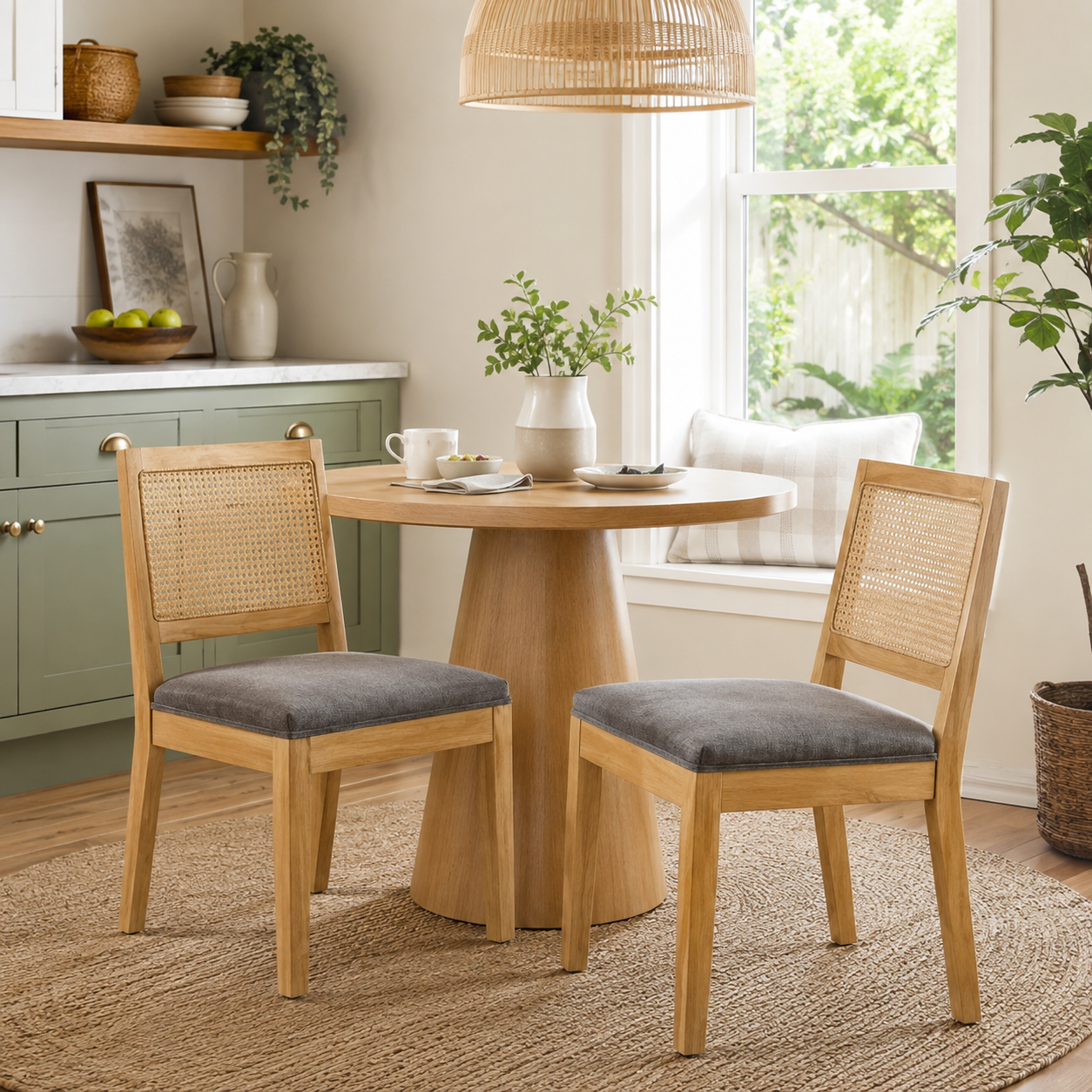 Maggiore gray dining chairs with woven rattan backs in a bright modern dining room