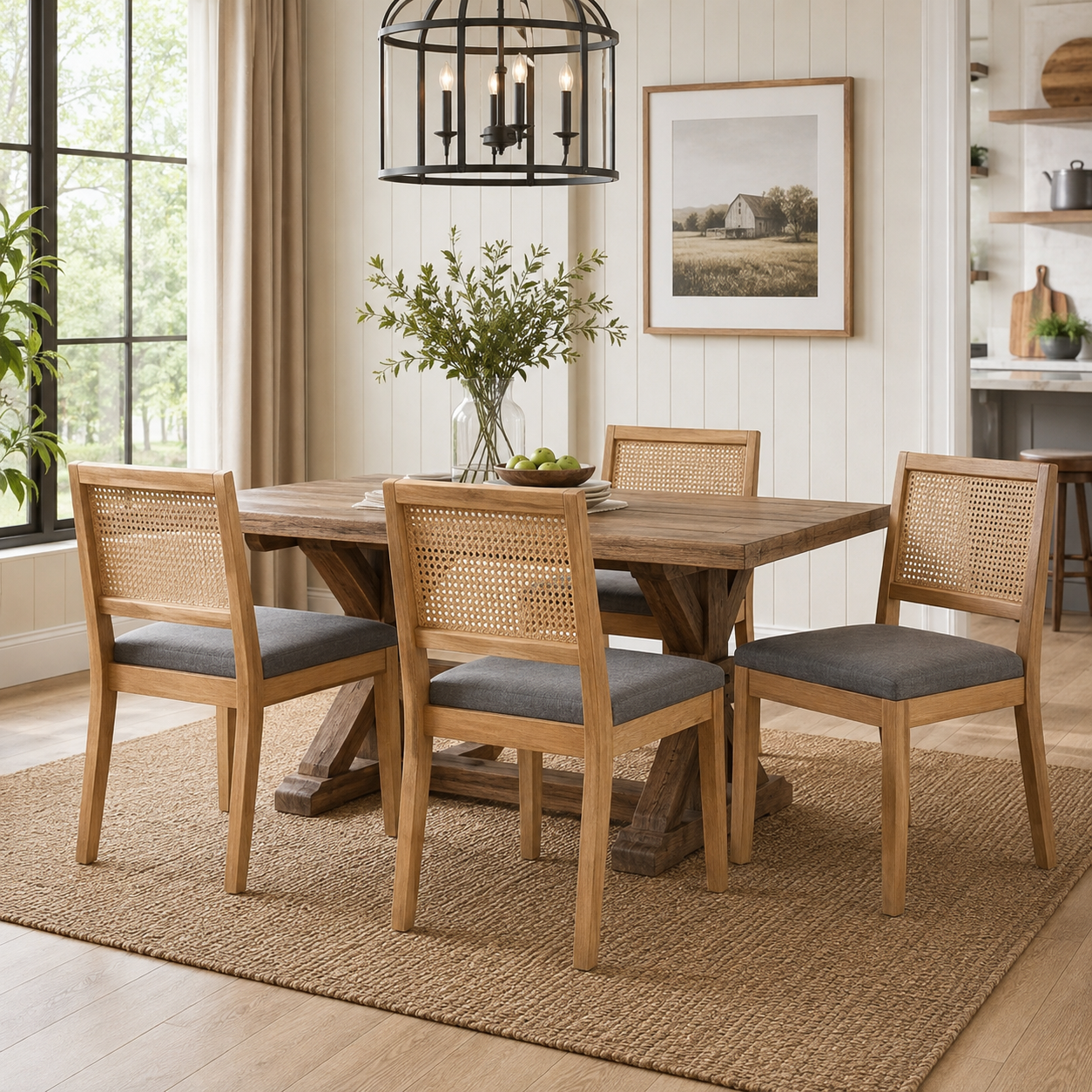 Maggiore gray dining chair set in a cozy dining room with natural wood furniture