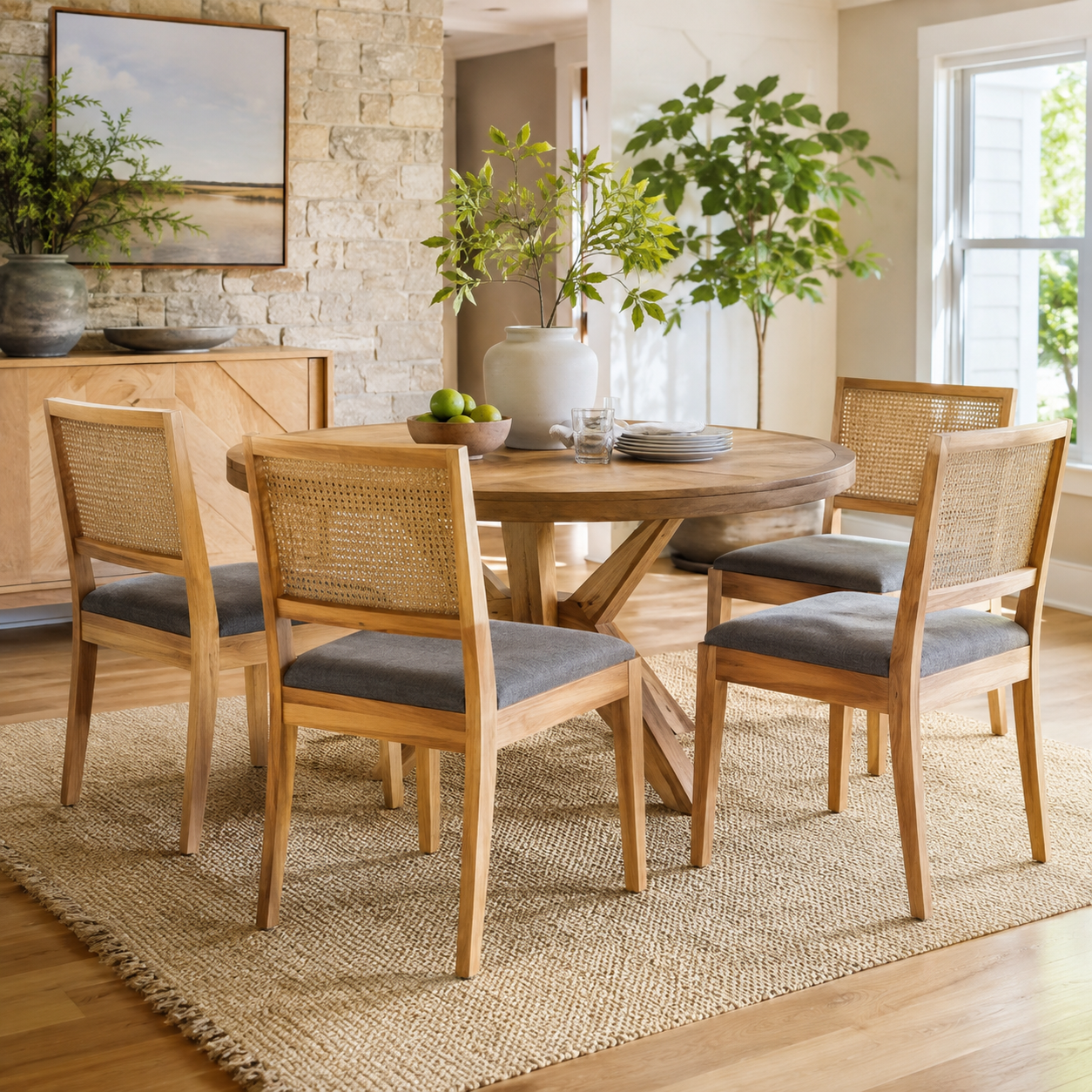 Maggiore gray dining chair set in a cozy dining room with natural wood furniture